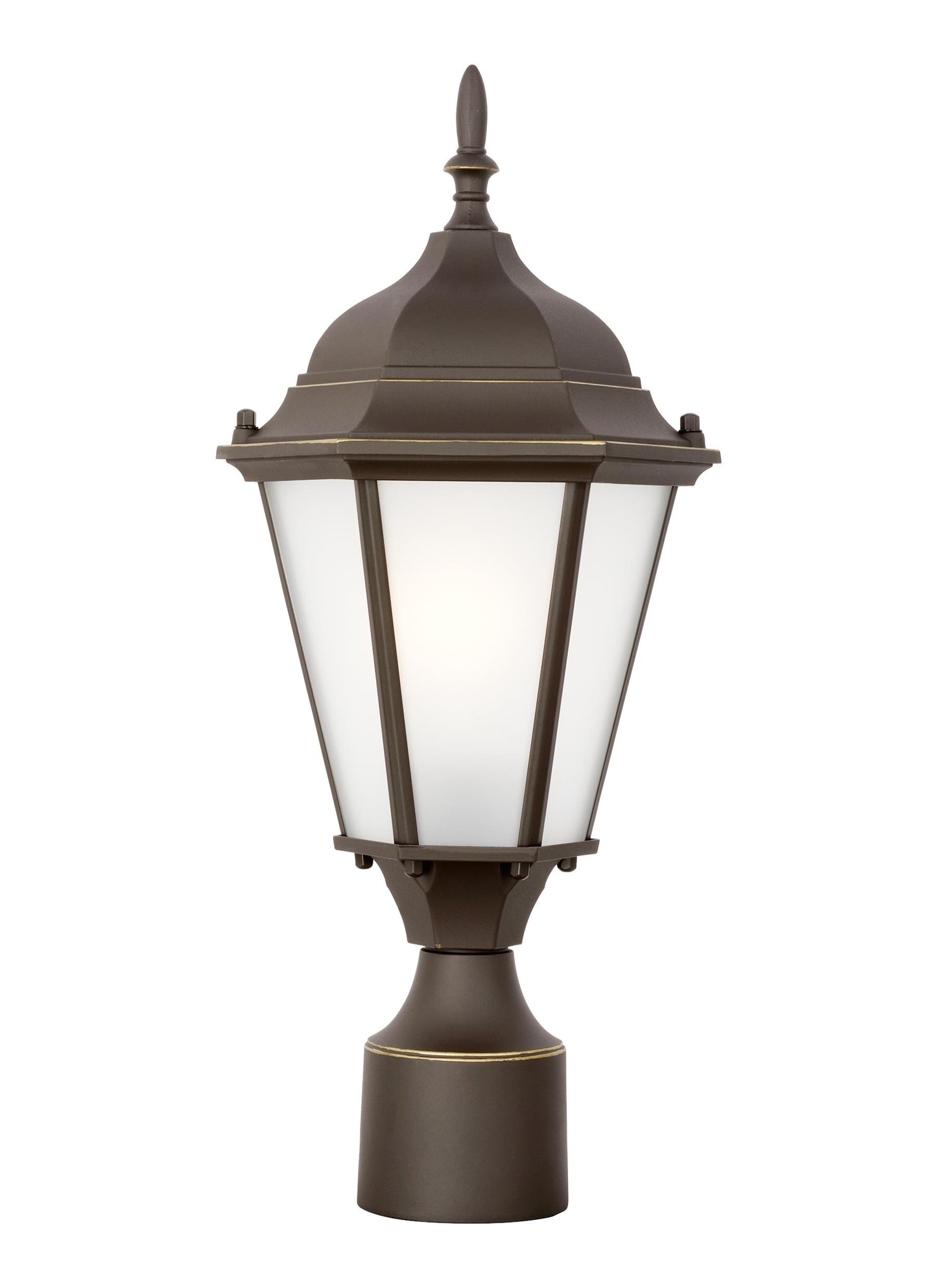 Bakersville traditional 1-light outdoor exterior post lantern in antique bronze finish with satin etched glass panels