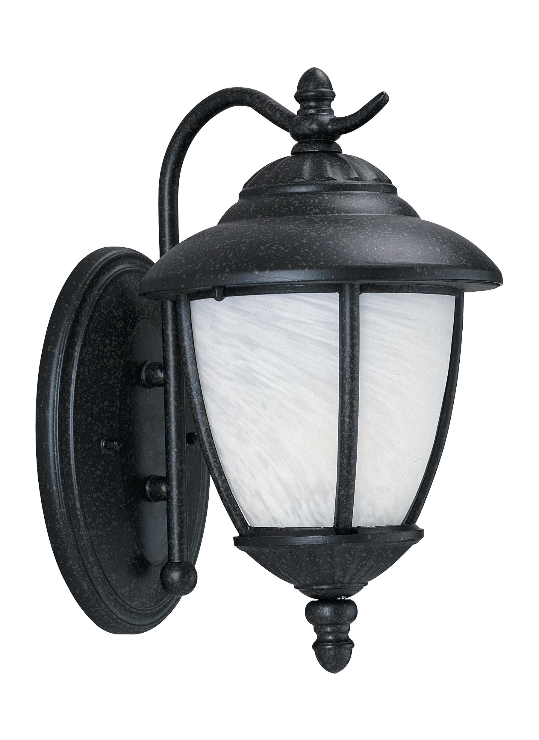 Yorktown transitional 1-light outdoor exterior wall lantern sconce in forged iron finish with swirled marbleize glass shade