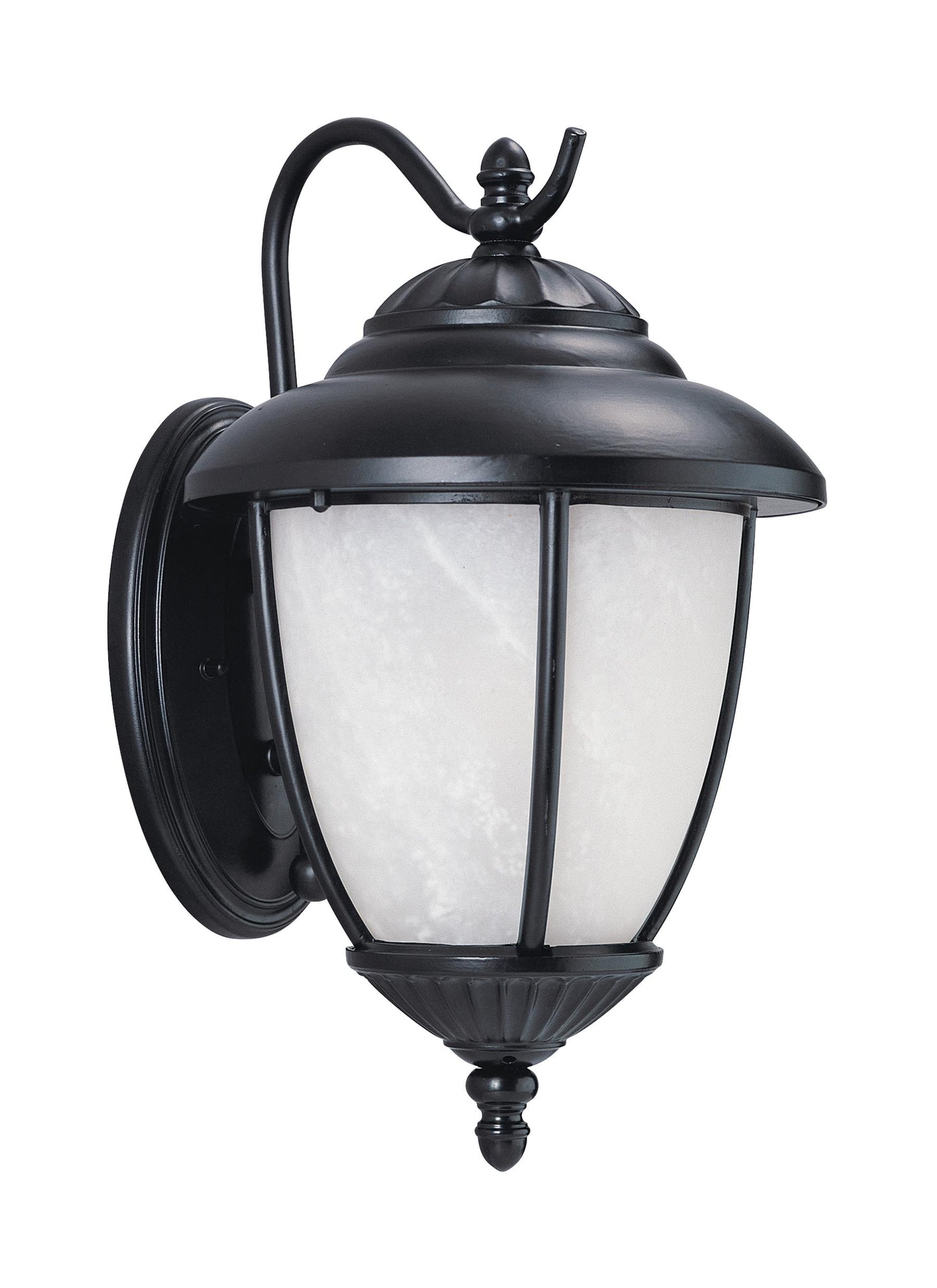 Yorktown transitional 1-light LED outdoor exterior medium wall lantern sconce in black finish with swirled marbleize glass...