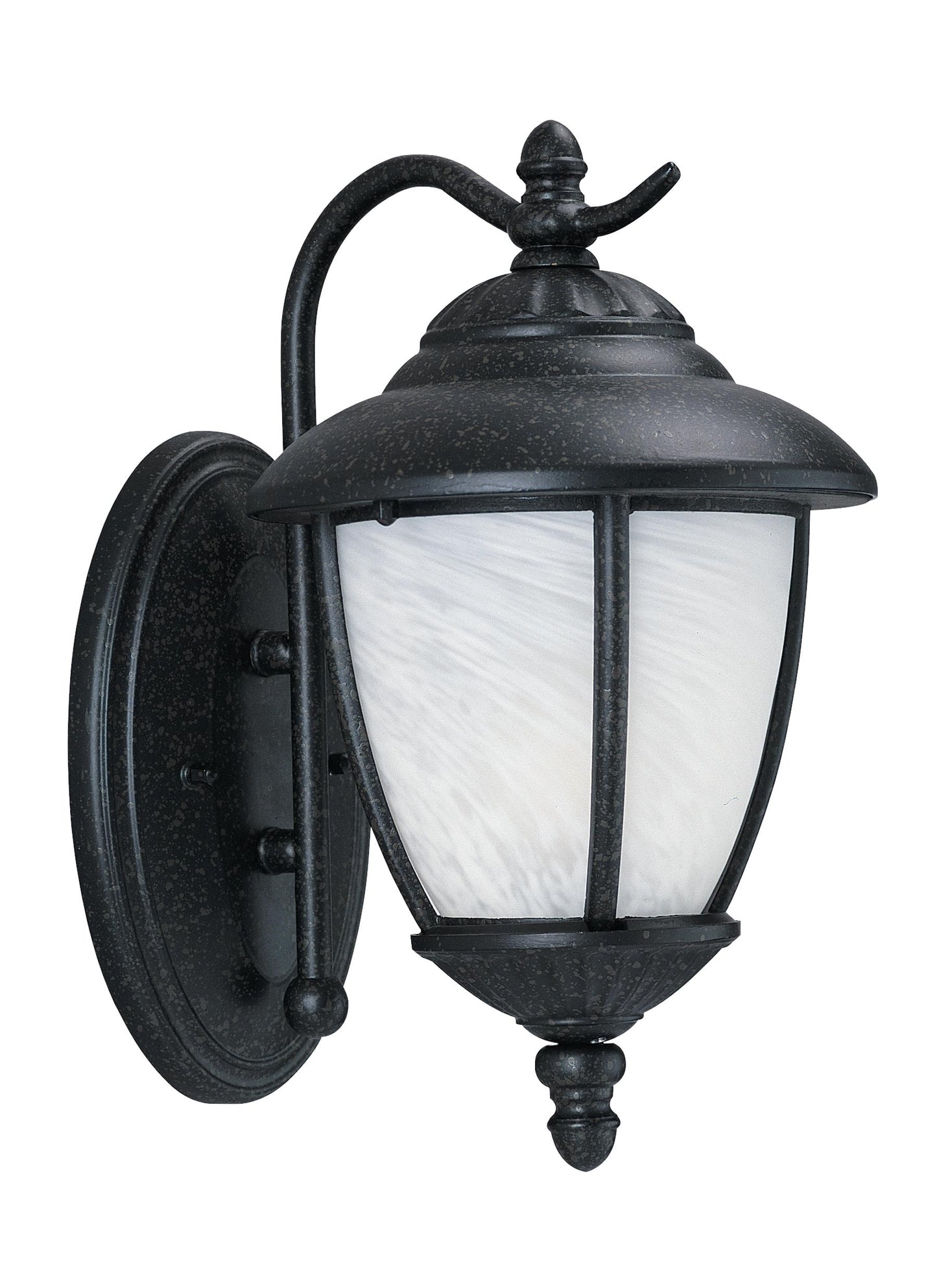 Yorktown transitional 1-light outdoor exterior wall lantern sconce in forged iron finish with swirled marbleize glass shade