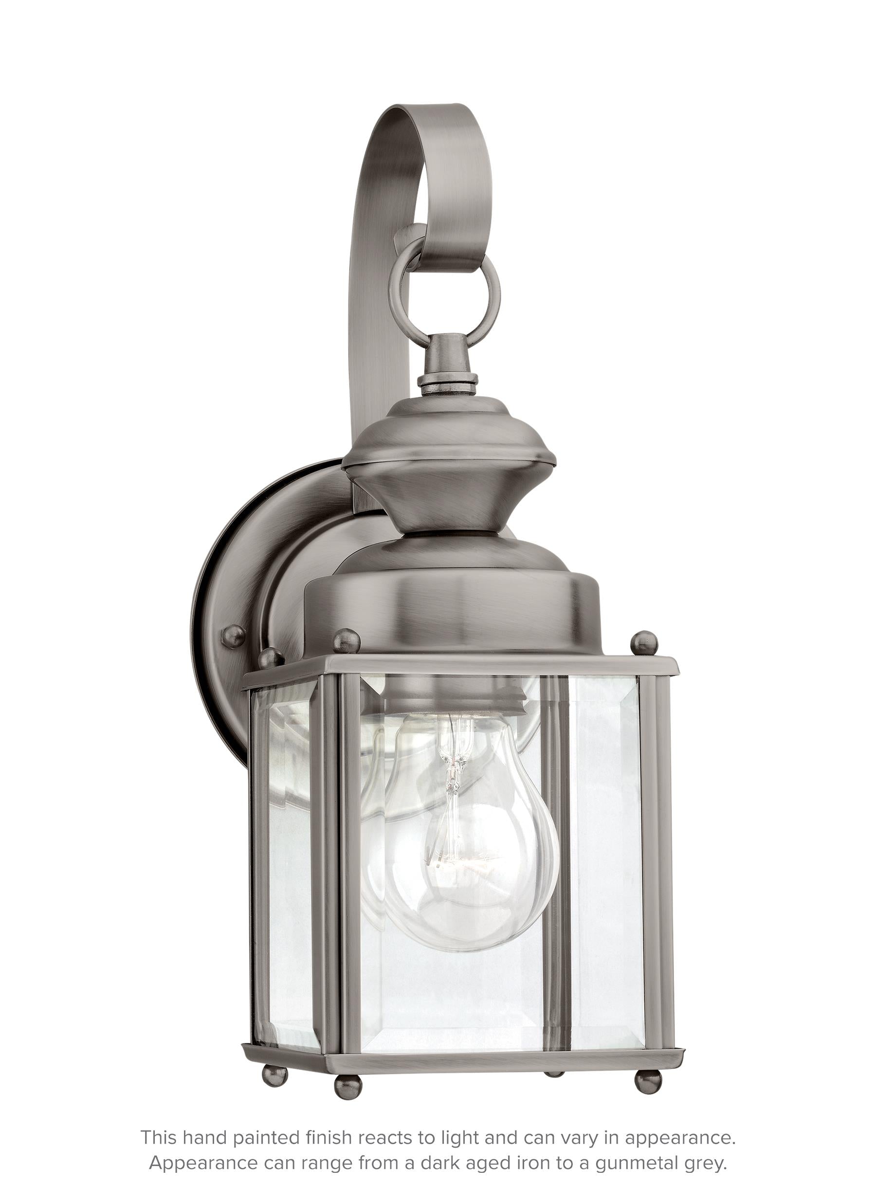 Jamestowne transitional 1-light small outdoor exterior wall lantern in antique brushed nickel silver finish with clear bev...