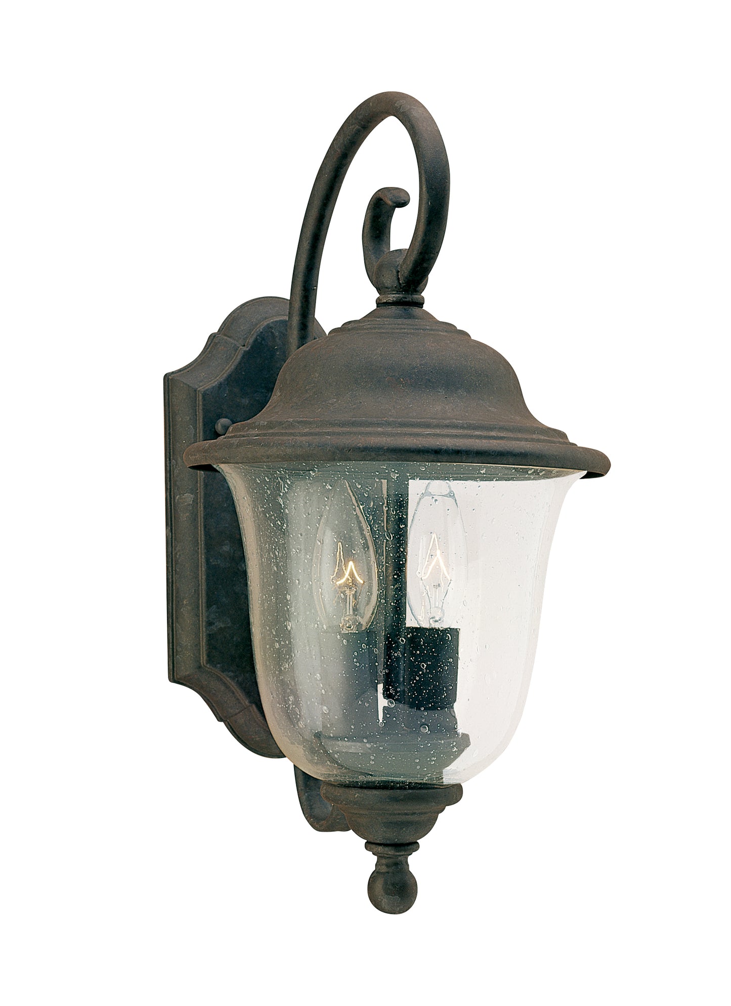 Trafalgar traditional 2-light medium outdoor exterior wall lantern sconce in oxidized bronze finish with clear seeded glas...