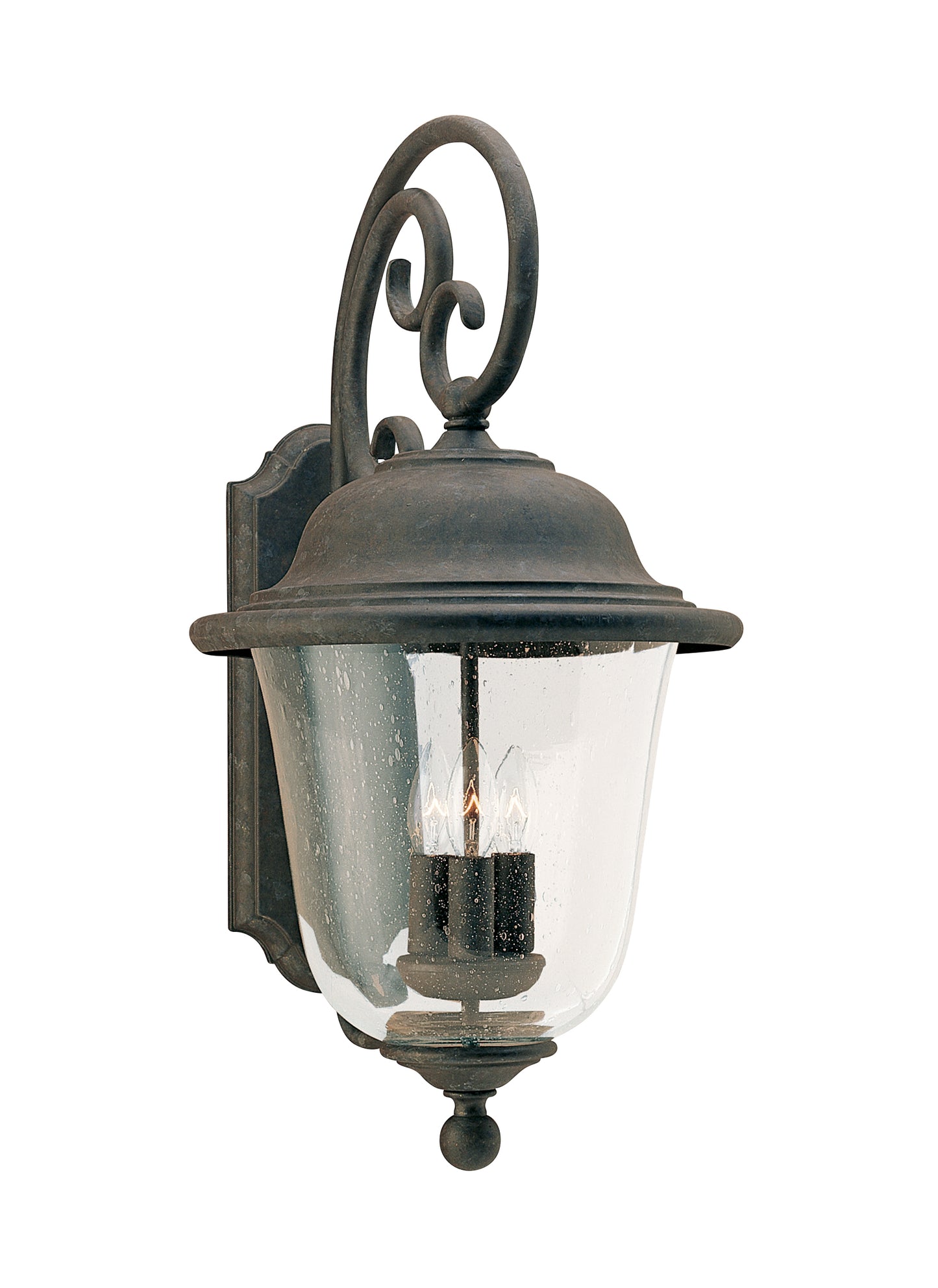 Trafalgar traditional 3-light outdoor exterior wall lantern sconce in oxidized bronze finish with clear seeded glass shade