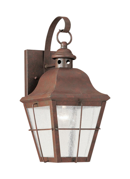 Chatham traditional 1-light outdoor exterior wall lantern sconce in weathered copper finish with clear seeded glass panels