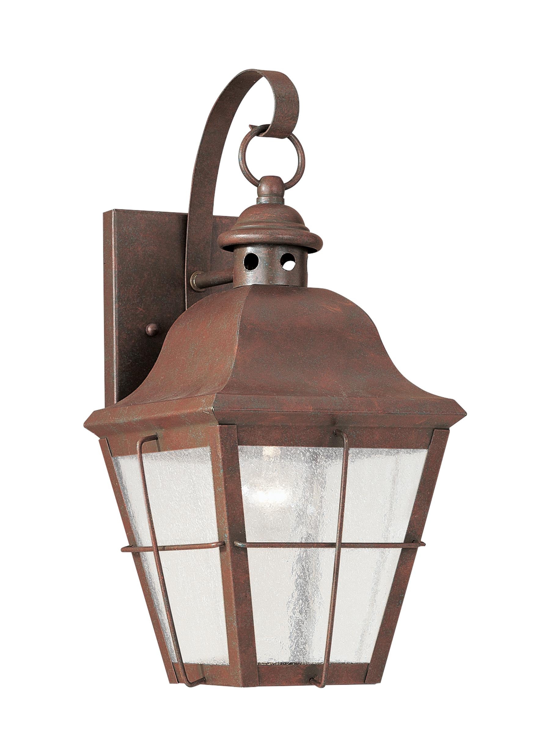 Chatham traditional 1-light outdoor exterior wall lantern sconce in weathered copper finish with clear seeded glass panels