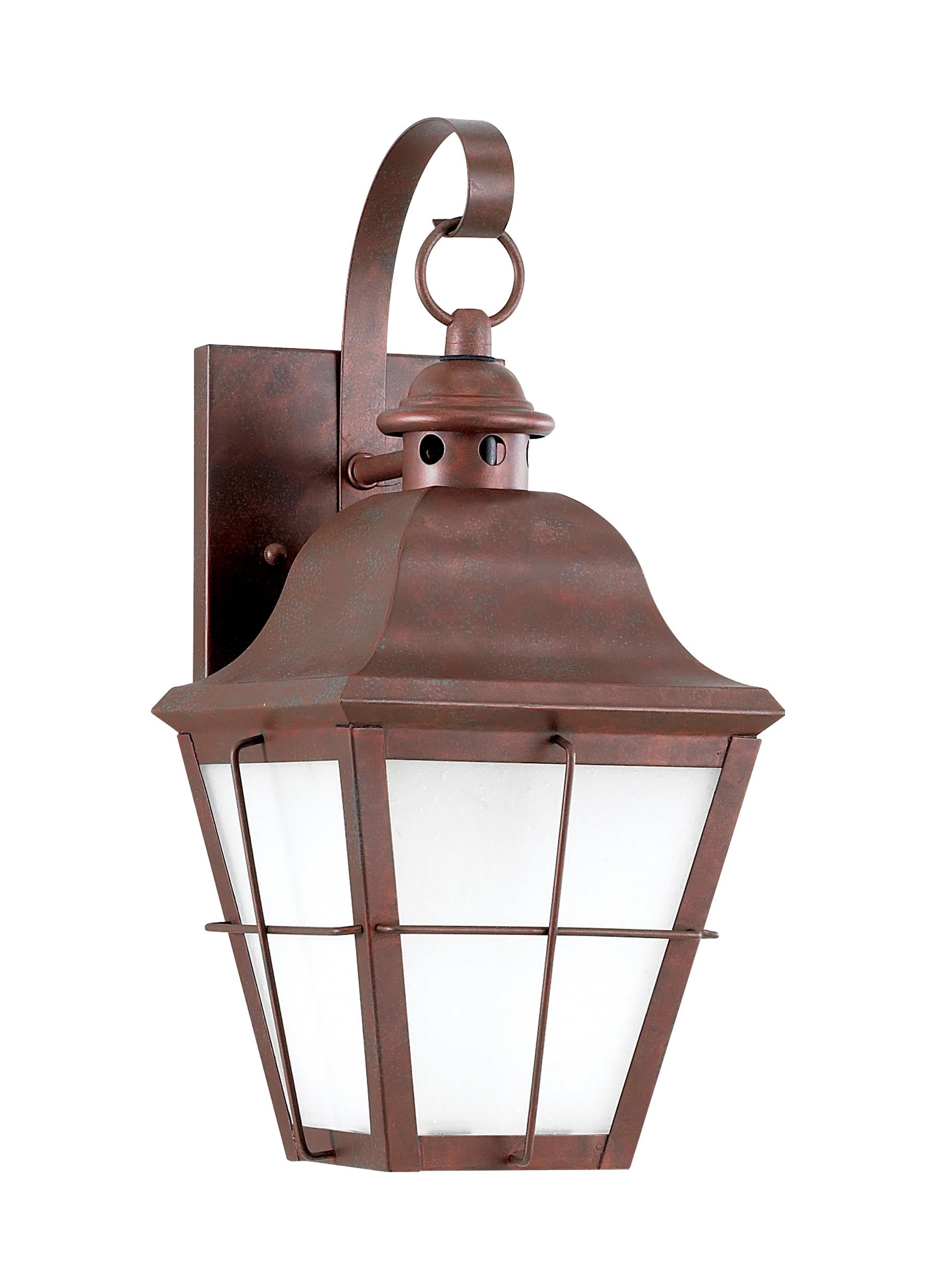 Chatham traditional 1-light outdoor exterior wall lantern sconce in weathered copper finish with clear seeded glass panels