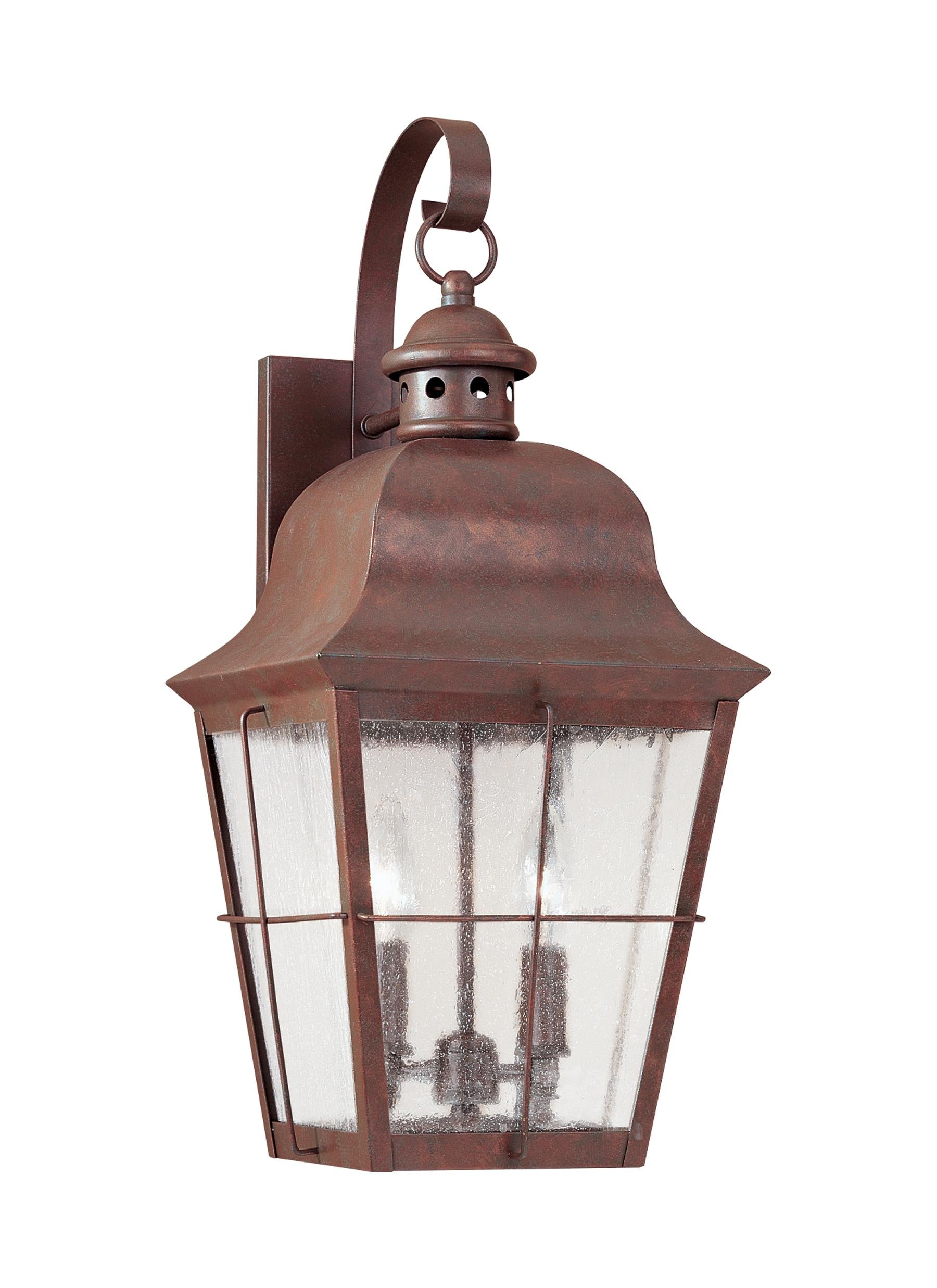 Chatham traditional 2-light outdoor exterior wall lantern sconce in weathered copper finish with clear seeded glass panels