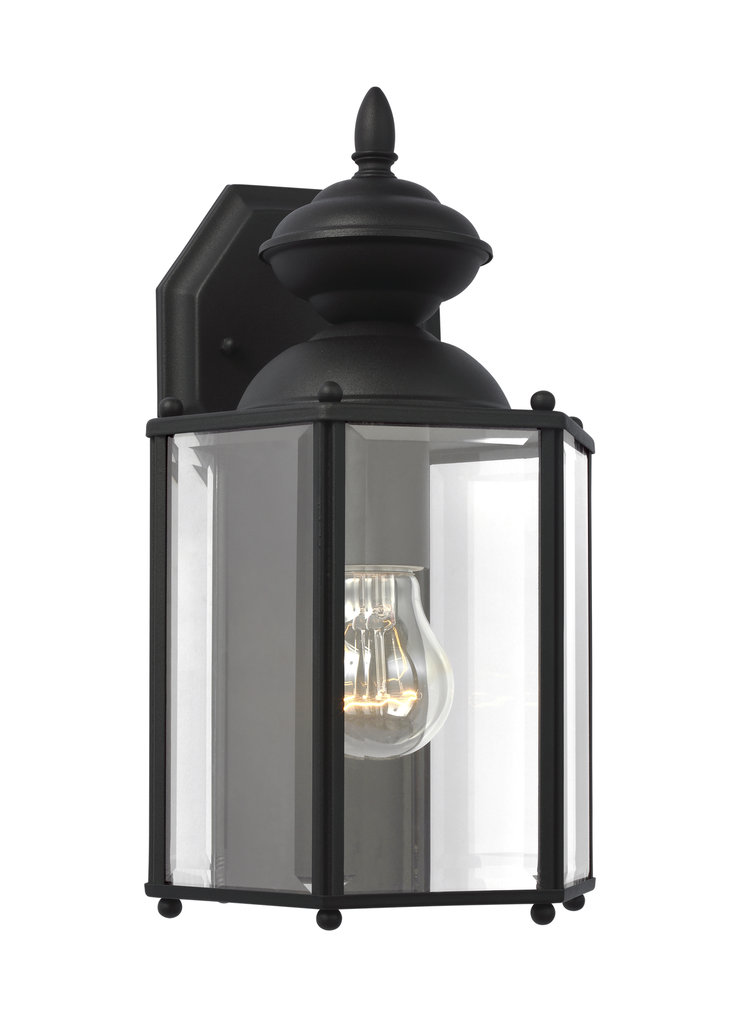 Classico traditional 1-light outdoor exterior medium wall lantern sconce in black finish with clear beveled glass panels