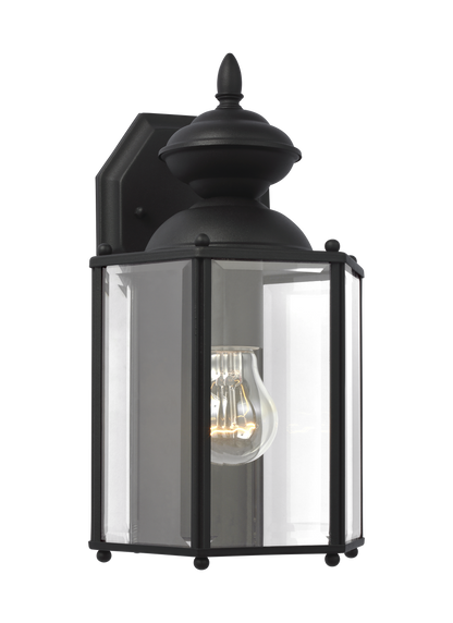 Classico traditional 1-light outdoor exterior medium wall lantern sconce in black finish with clear beveled glass panels