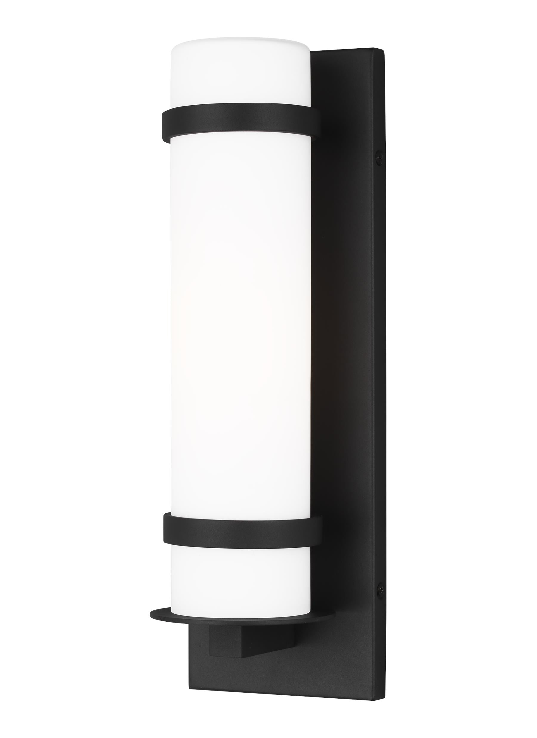 Alban modern 1-light outdoor exterior small wall lantern in black with etched opal glass shade