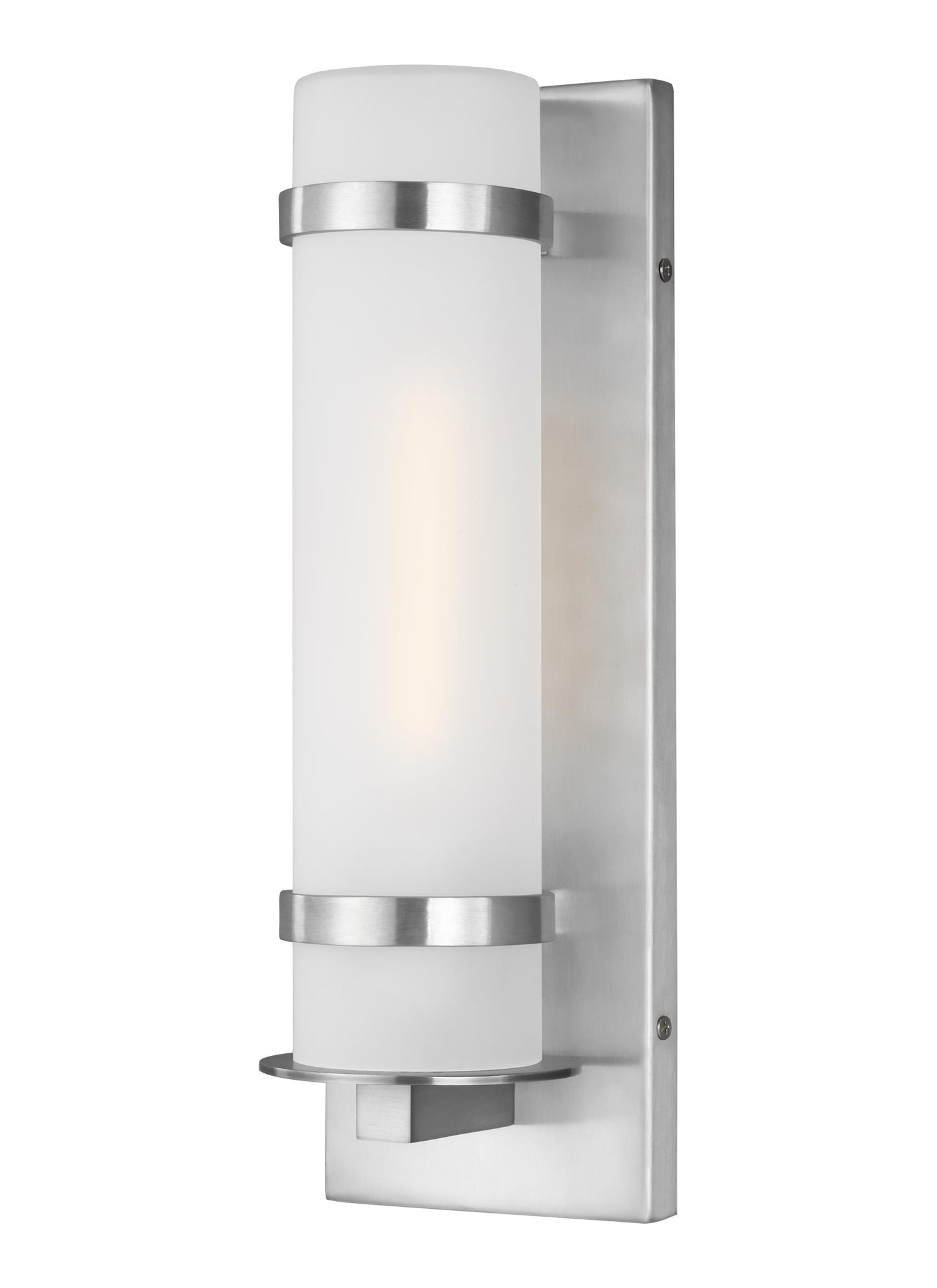 Alban modern 1-light outdoor exterior small round wall lantern in satin aluminum silver with etched opal glass shade