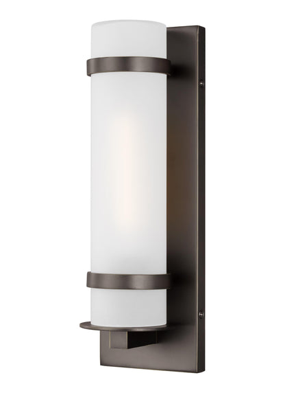 Alban modern 1-light outdoor exterior small wall lantern in antique bronze with etched opal glass shade
