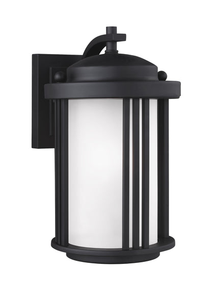 Crowell contemporary 1-light outdoor exterior small wall lantern sconce in black finish with satin etched glass shade