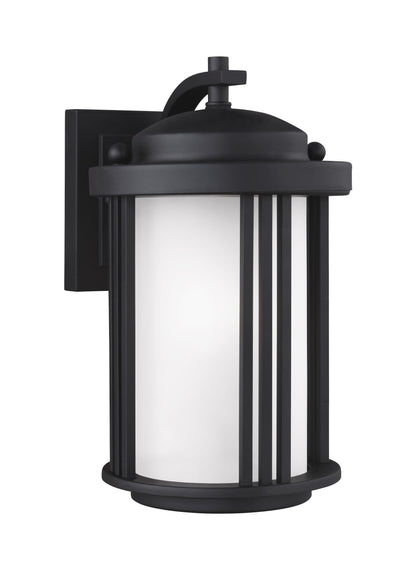 Crowell contemporary 1-light outdoor exterior small wall lantern sconce in black finish with satin etched glass shade