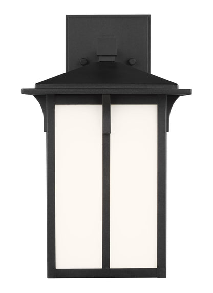 Tomek modern 1-light outdoor exterior small wall lantern sconce in black finish with etched white glass panels