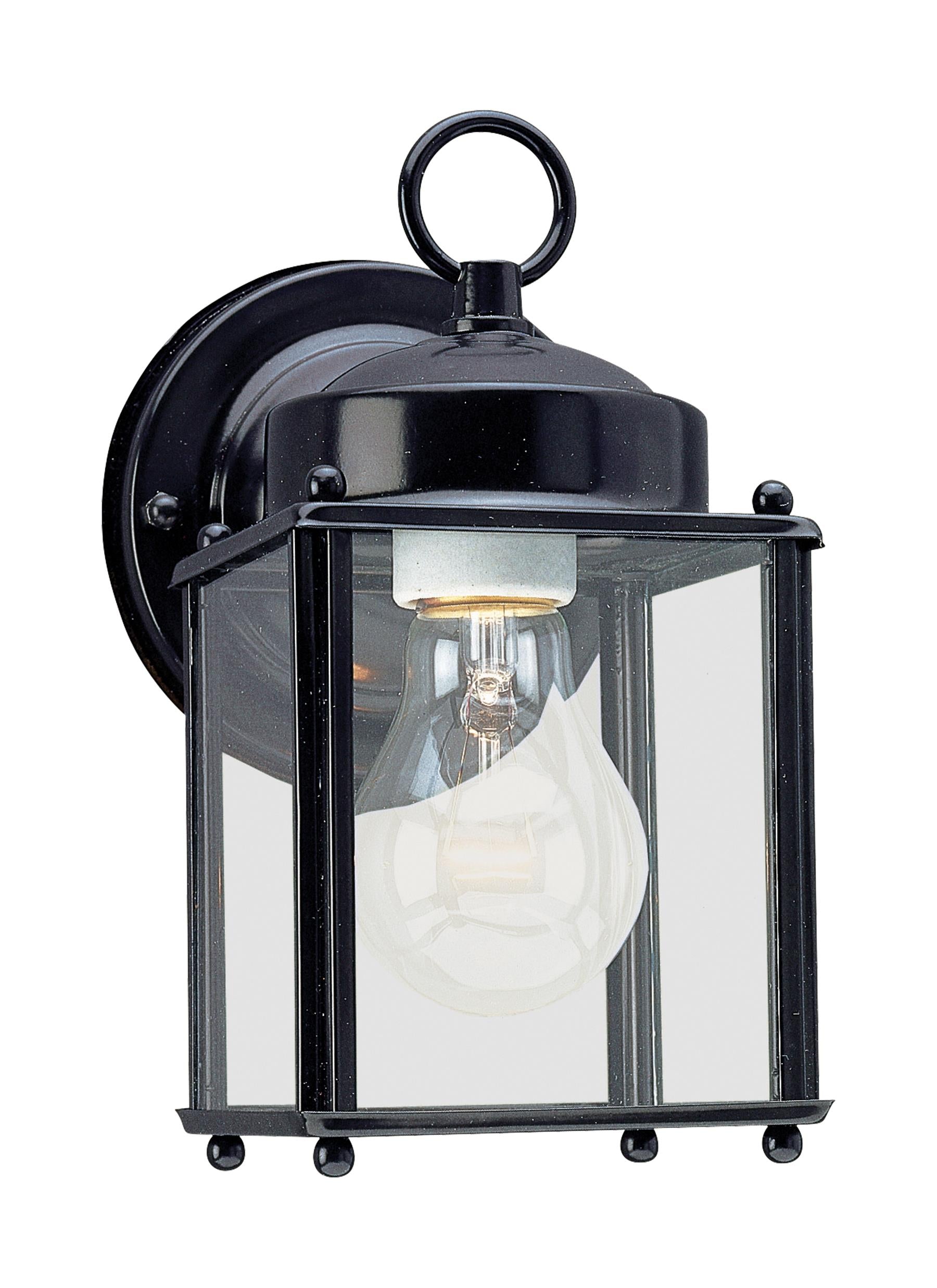 New Castle traditional 1-light outdoor exterior wall lantern sconce in black finish with clear glass panels