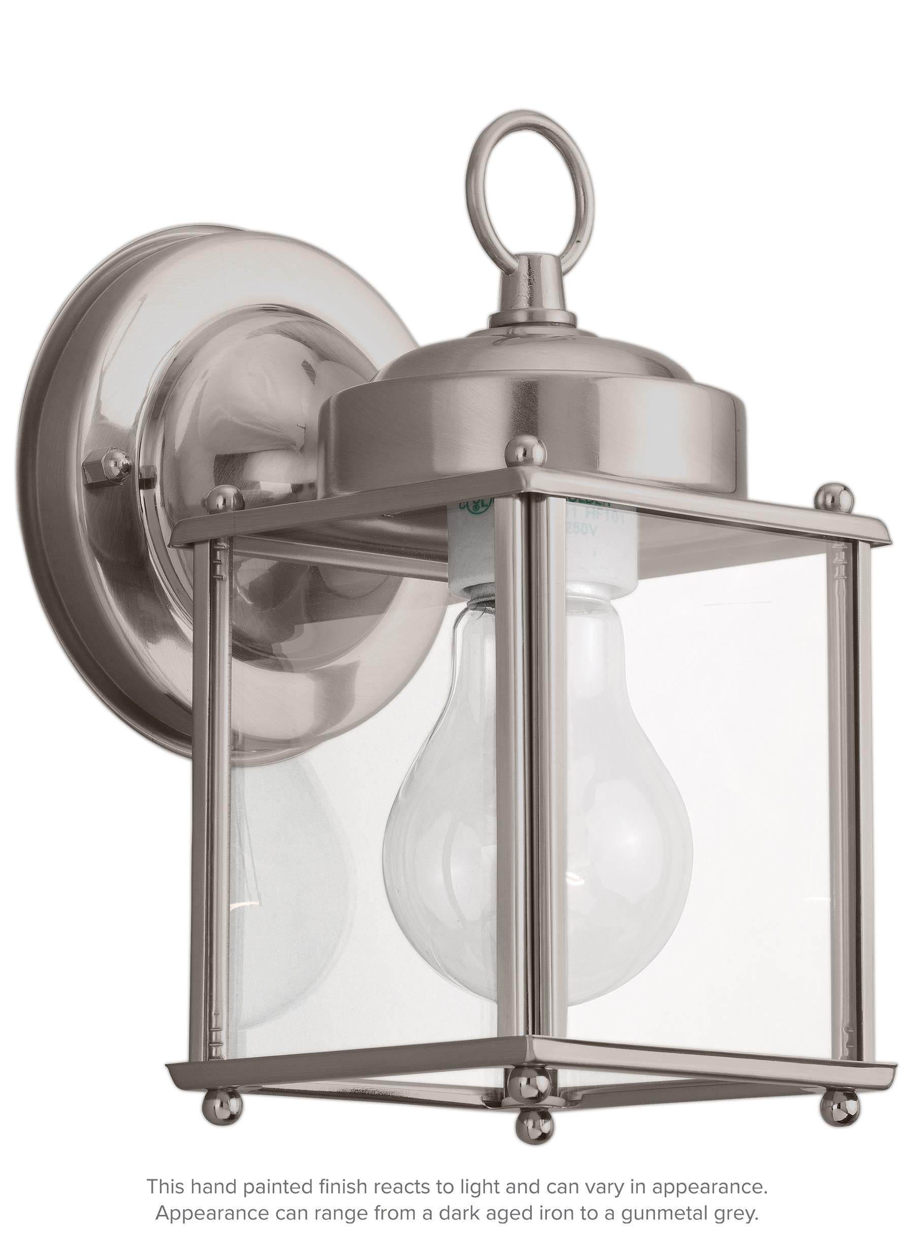 New Castle traditional 1-light outdoor exterior wall lantern sconce in antique brushed nickel silver finish with clear gla...