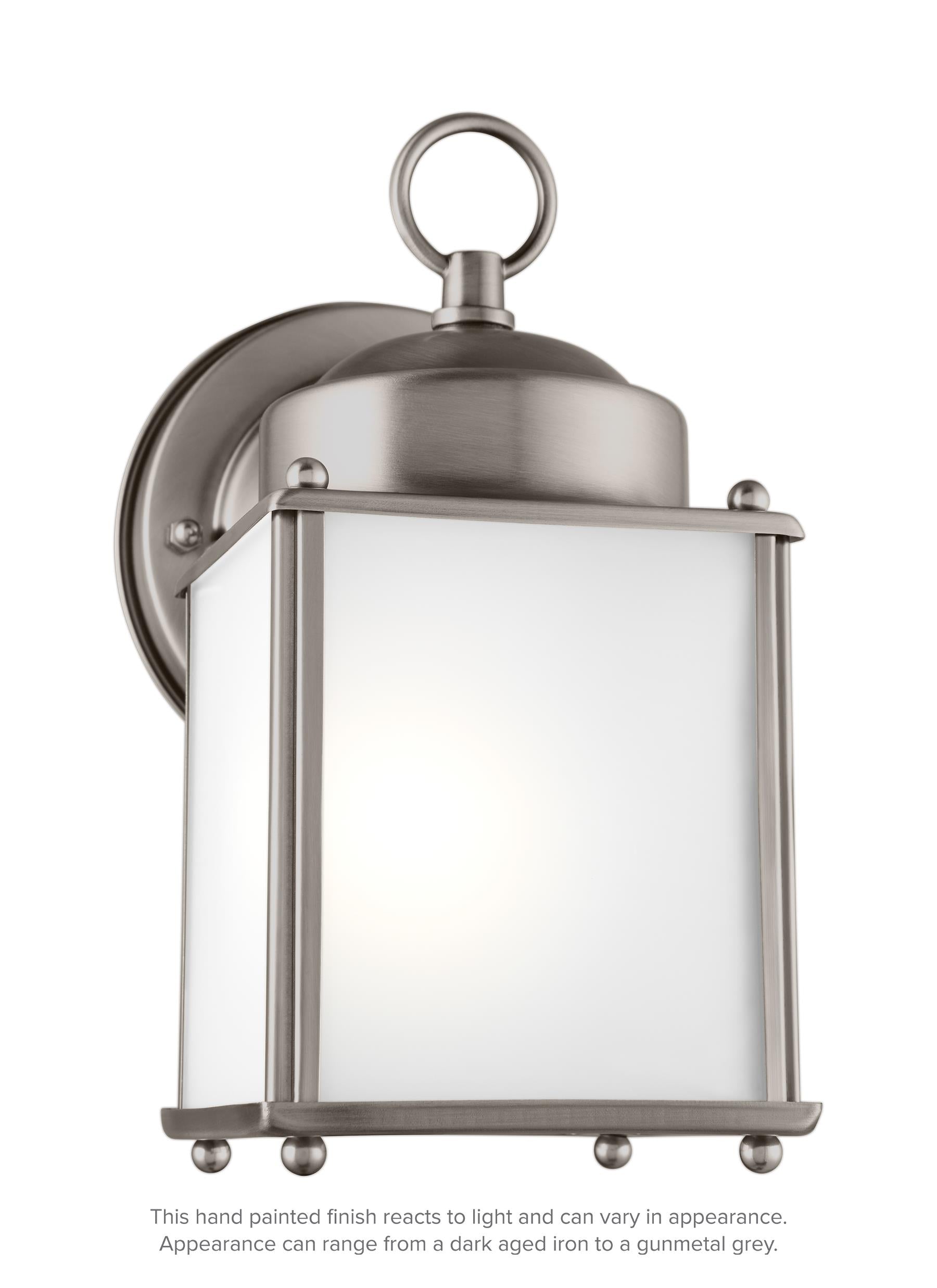 New Castle traditional 1-light outdoor exterior wall lantern sconce in antique brushed nickel silver finish with clear gla...