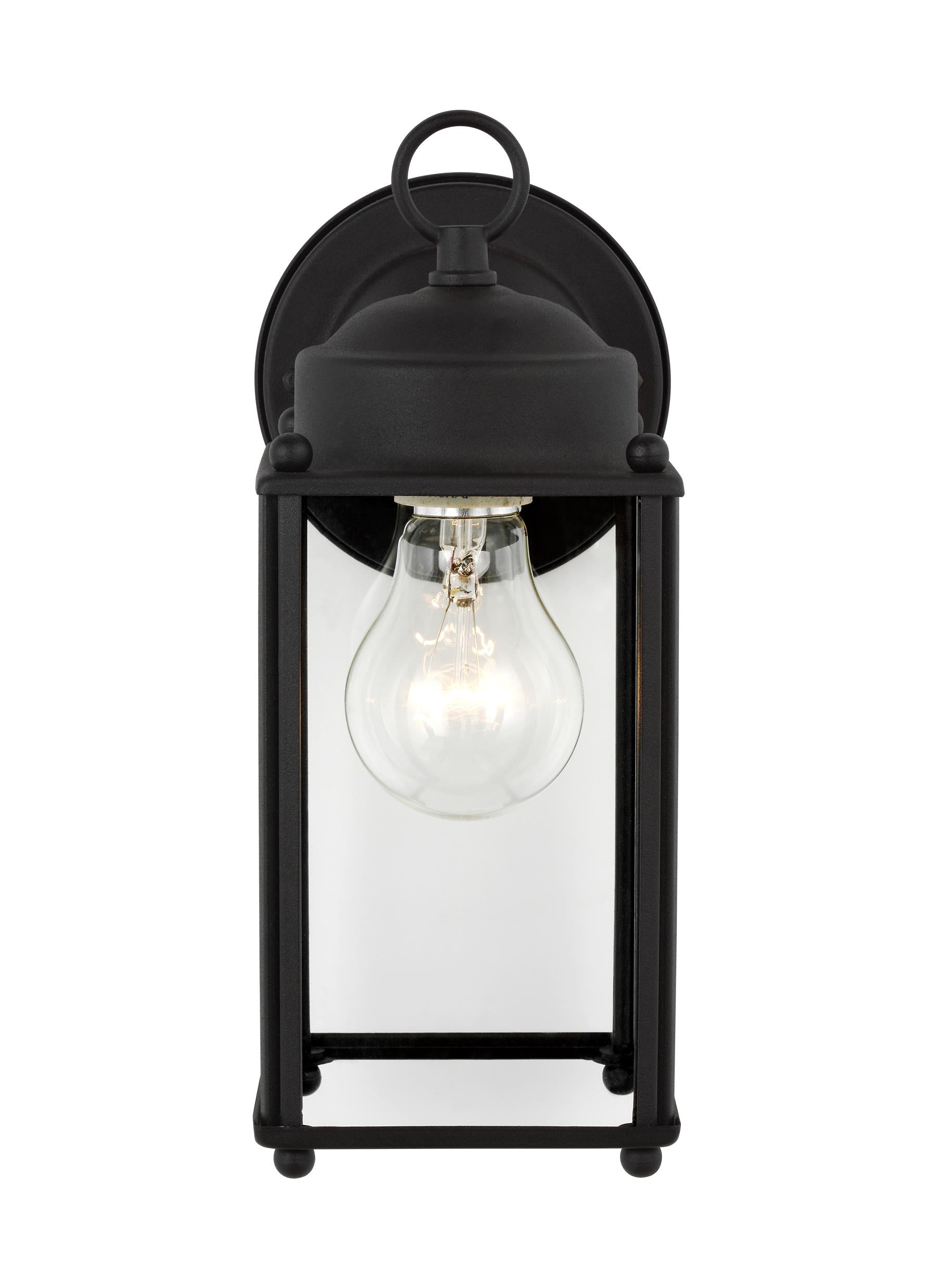 New Castle traditional 1-light outdoor exterior large wall lantern sconce in black finish with clear glass panels
