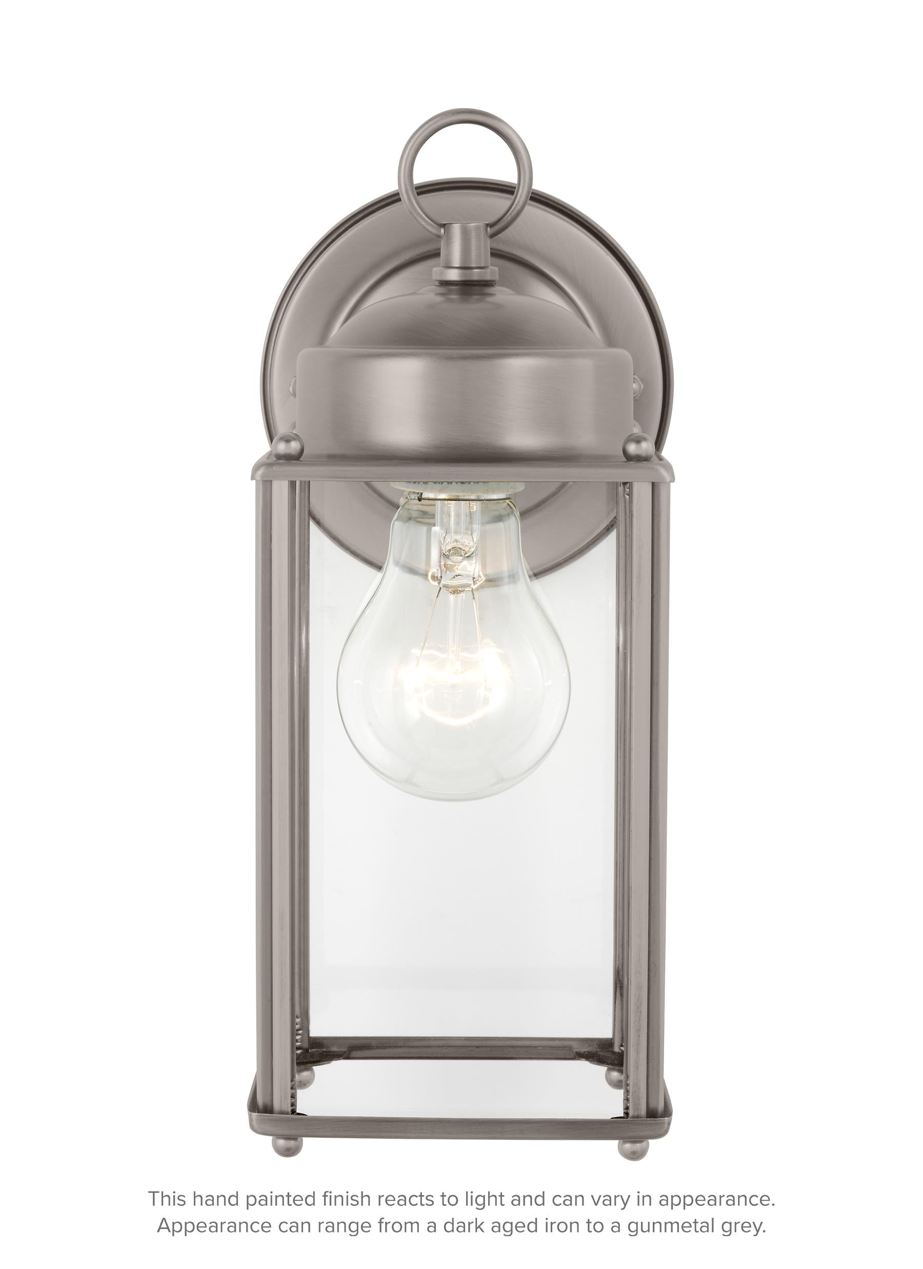 New Castle traditional 1-light outdoor exterior large wall lantern sconce in antique brushed nickel silver finish with cle...