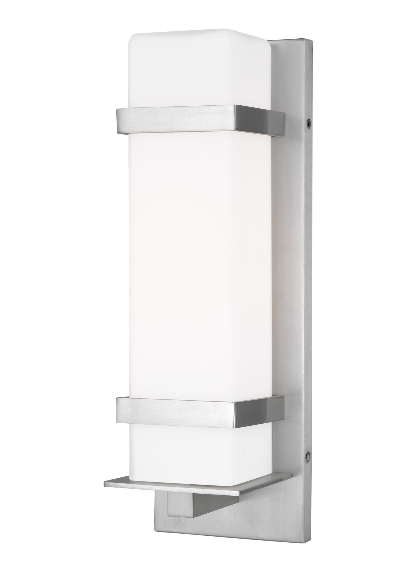 Alban modern 1-light outdoor exterior medium square wall lantern in satin aluminum silver finish with etched opal glass shade