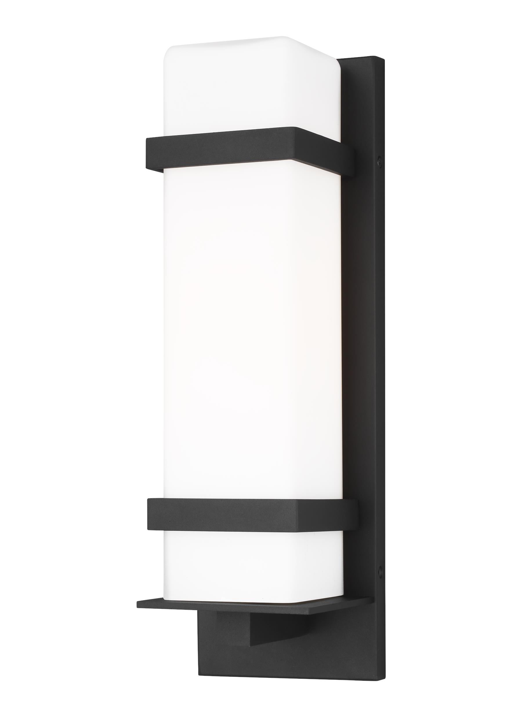 Alban modern 1-light outdoor exterior medium square wall lantern in black finish with etched opal glass shade