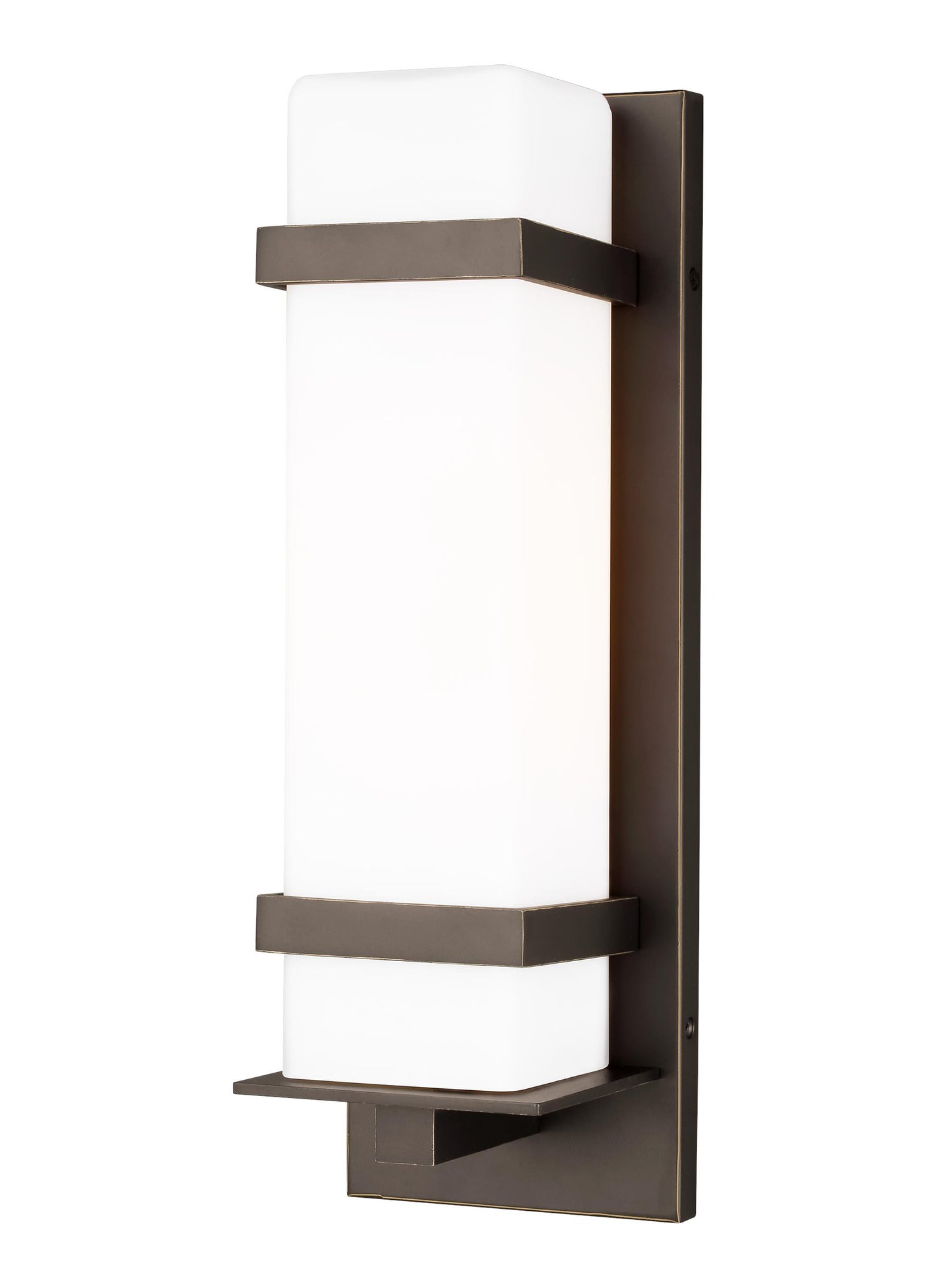 Alban modern 1-light outdoor exterior medium square wall lantern in antique bronze finish with etched opal glass shade