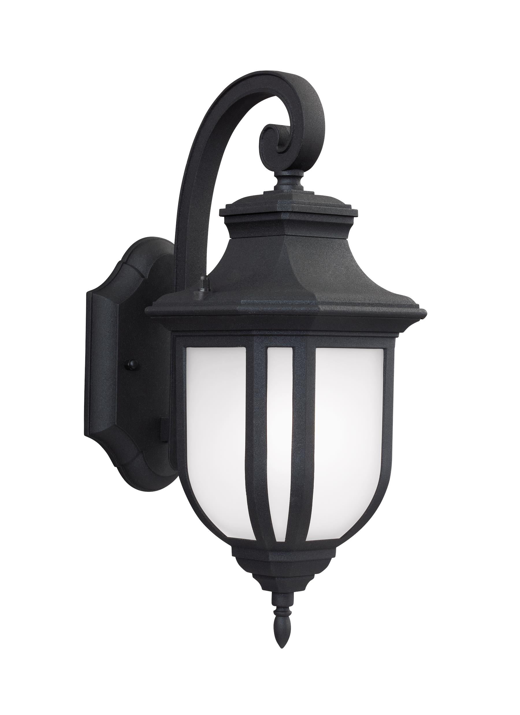 Childress traditional 1-light outdoor exterior medium wall lantern sconce in black finish with satin etched glass shade