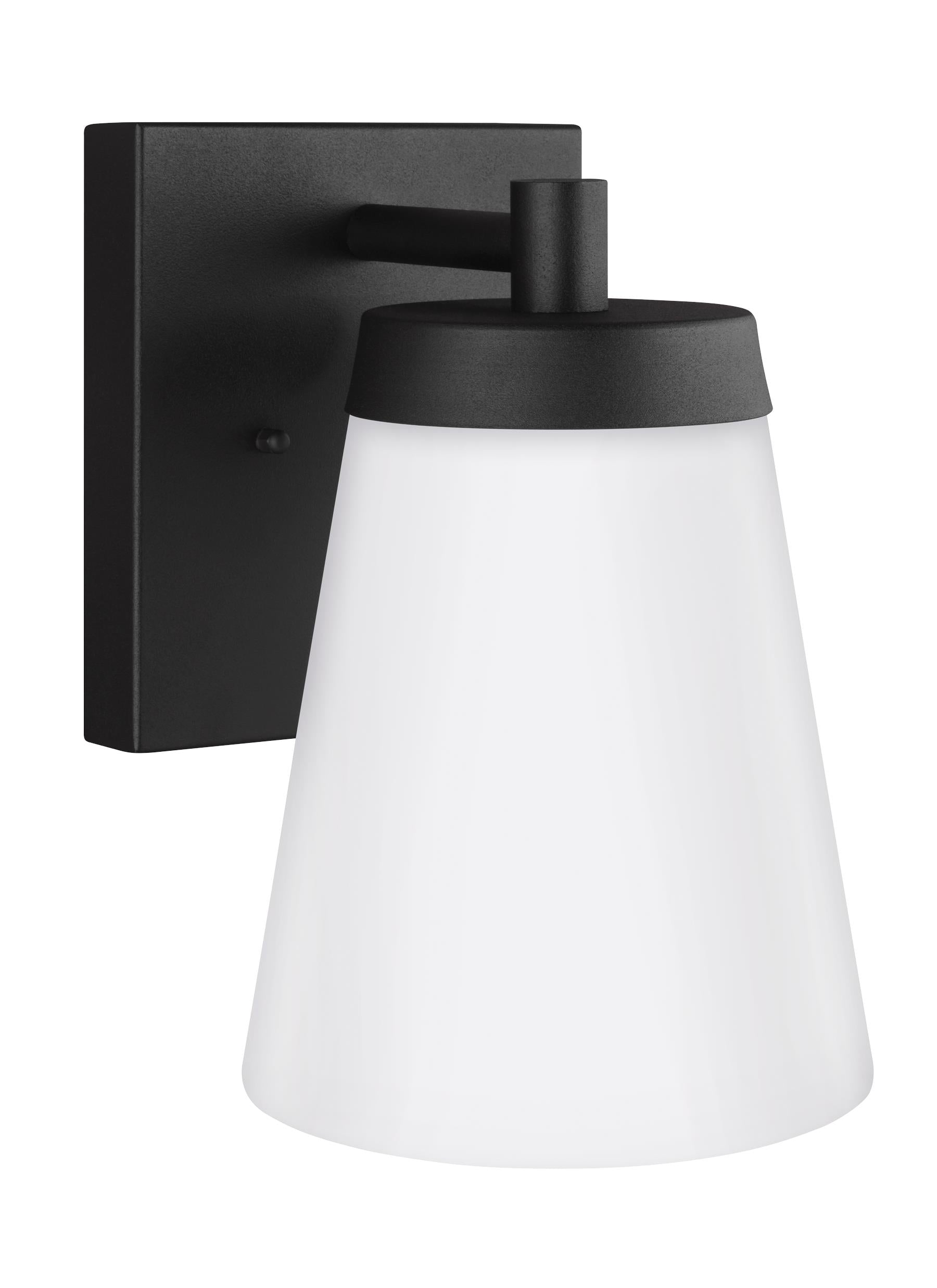 Renville transitional 1-light outdoor exterior large wall lantern sconce in black finish with satin etched glass shade