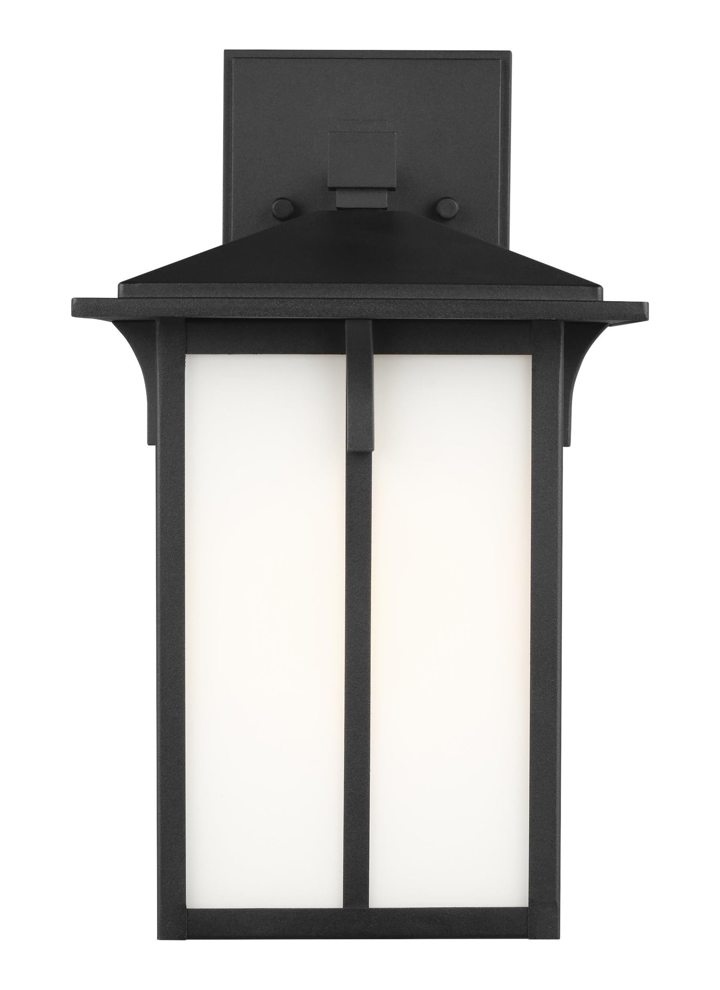 Tomek modern 1-light outdoor exterior medium wall lantern sconce in black finish with etched white glass panels