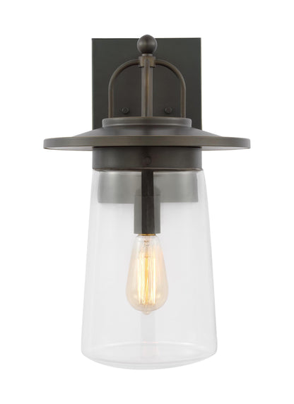 Tybee traditional 1-light outdoor exterior large wall lantern in antique bronze finish with clear glass shade