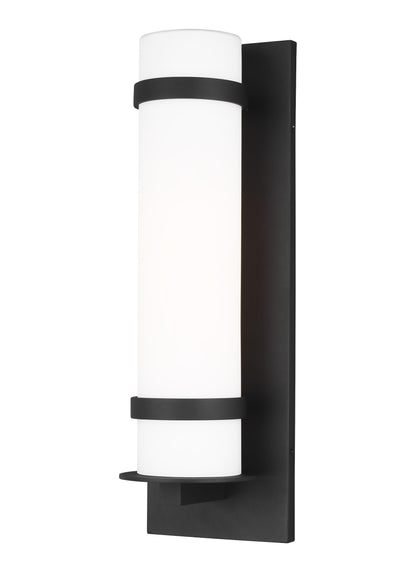 Alban modern 1-light outdoor exterior large round wall lantern in black finish with etched opal glass shade