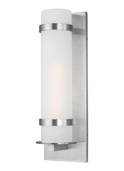 Alban modern 1-light outdoor exterior large round wall lantern in satin aluminum silver finish with etched opal glass shade
