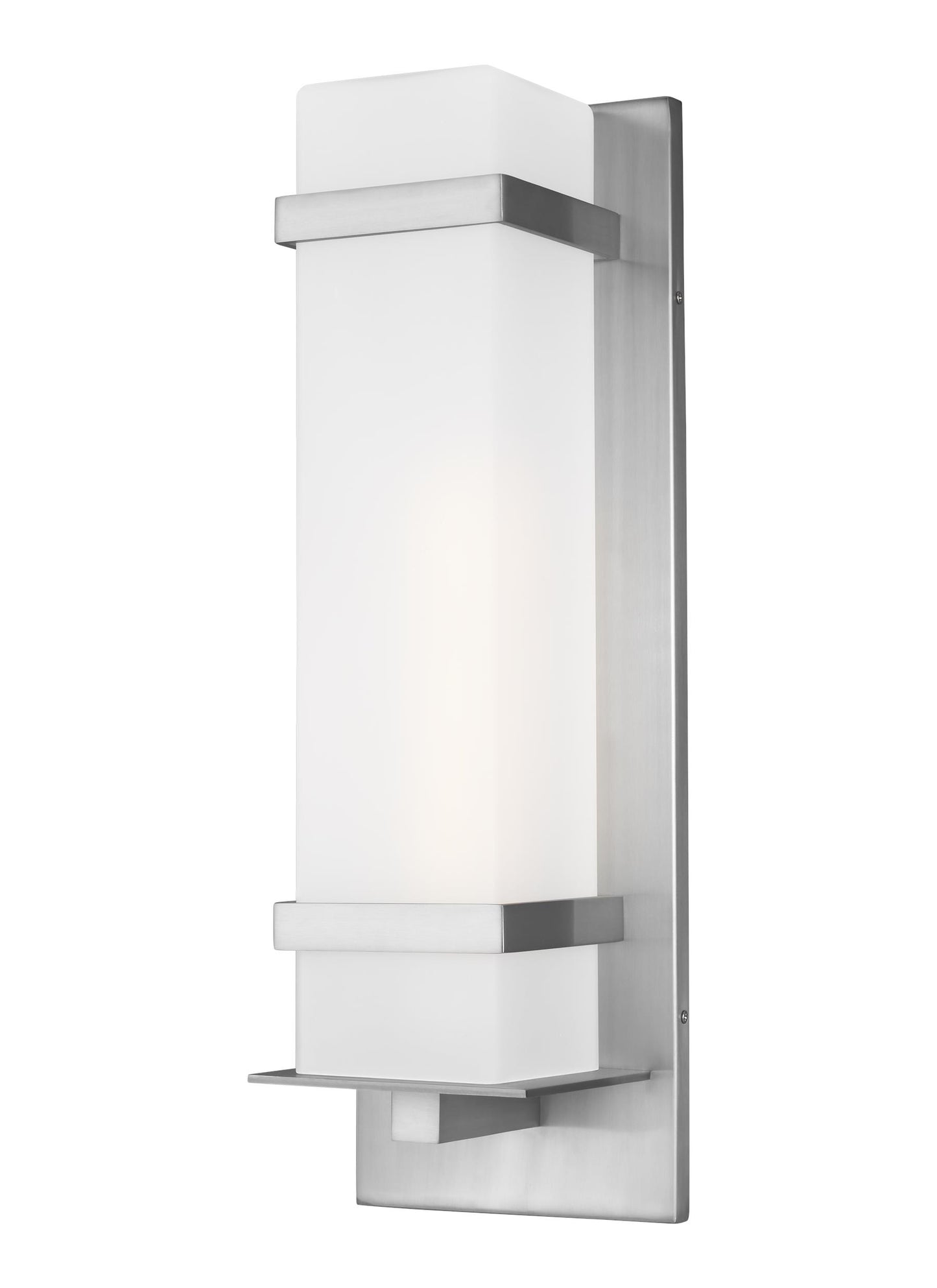 Alban modern 1-light outdoor exterior large square wall lantern in satin aluminum silver finish with etched opal glass shade