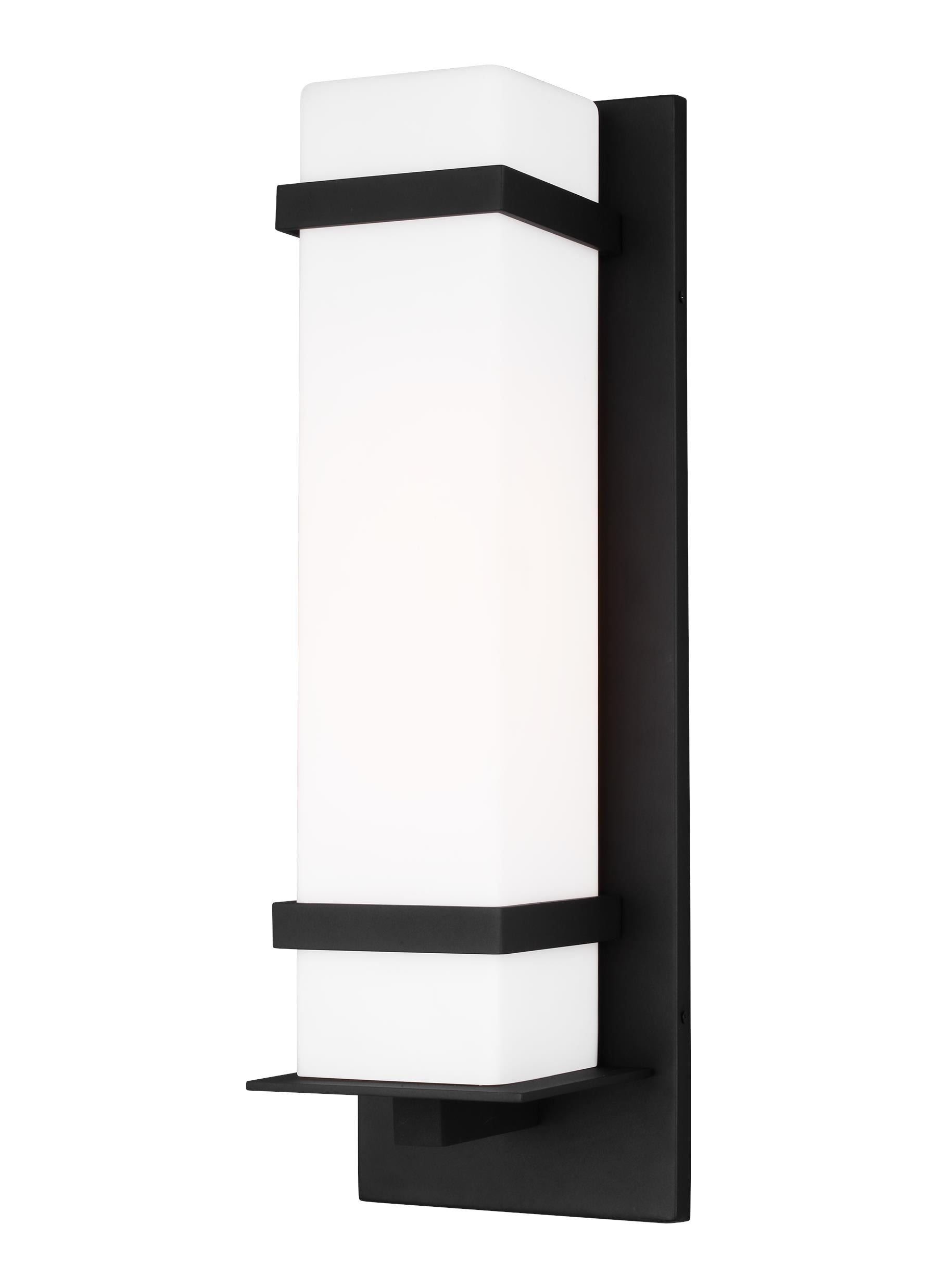 Alban modern 1-light outdoor exterior large square wall lantern in black finish with etched opal glass shade