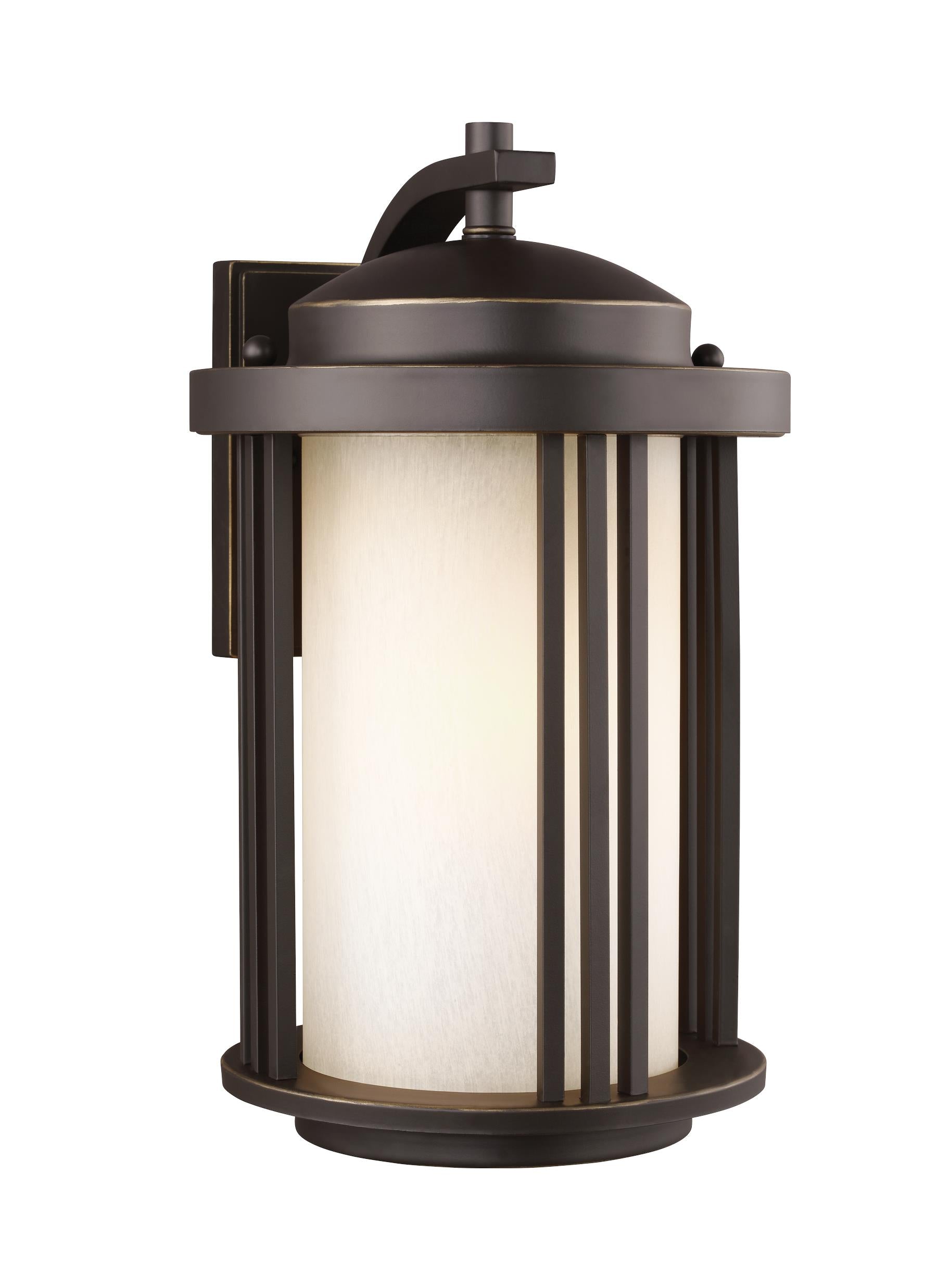 Crowell contemporary 1-light outdoor exterior medium wall lantern sconce in antique bronze finish with creme parchment gla...