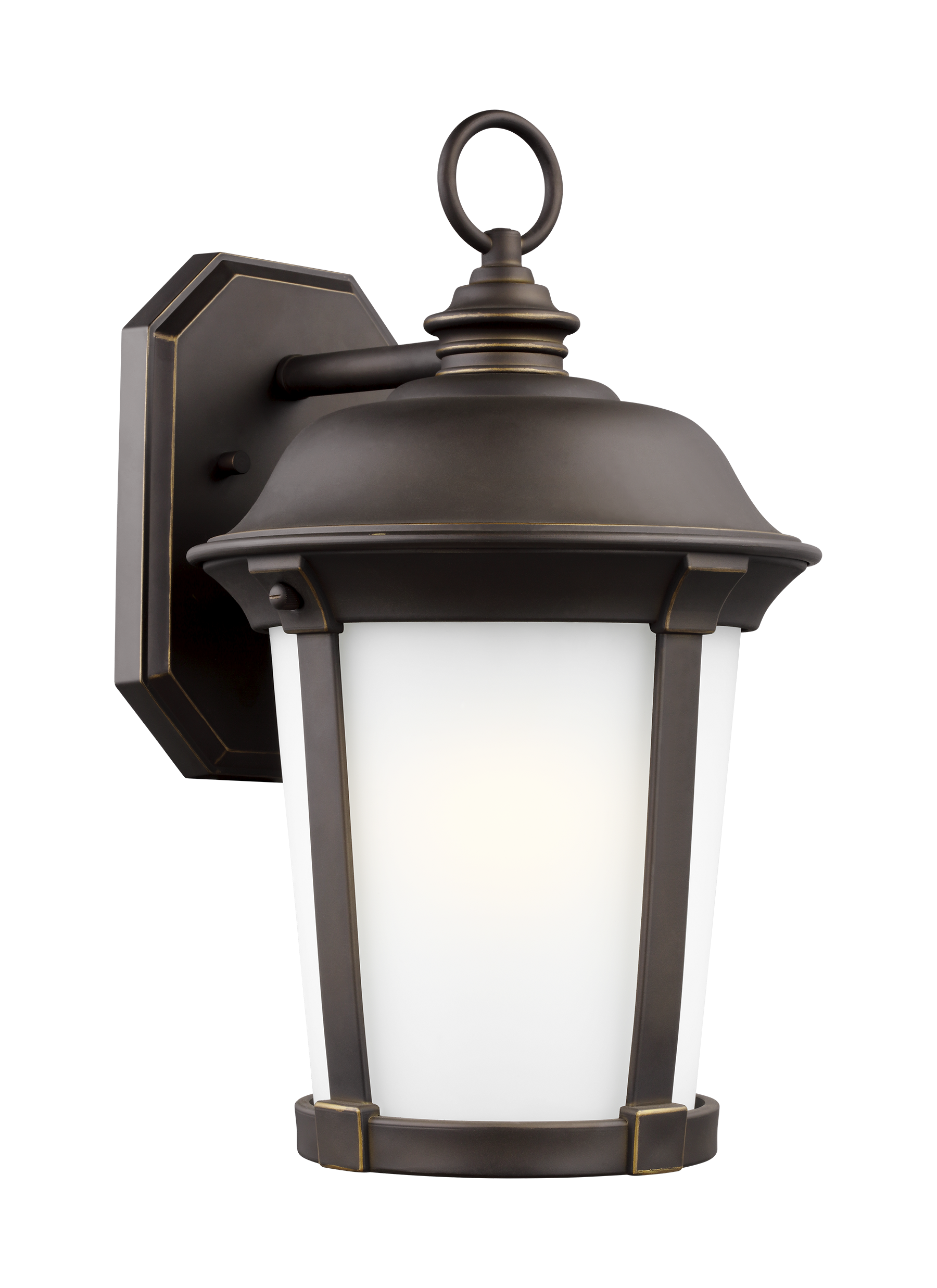 Calder traditional 1-light outdoor exterior large wall lantern sconce in antique bronze finish with satin etched glass shade