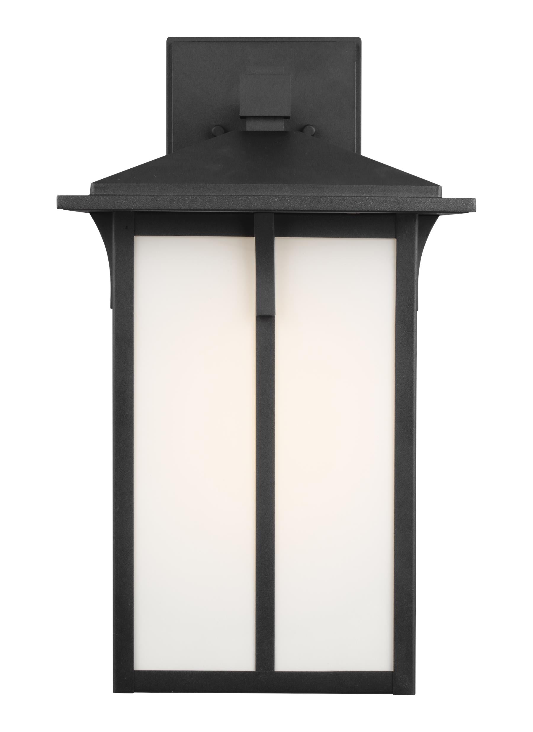 Tomek modern 1-light outdoor exterior large wall lantern sconce in black finish with etched white glass panels