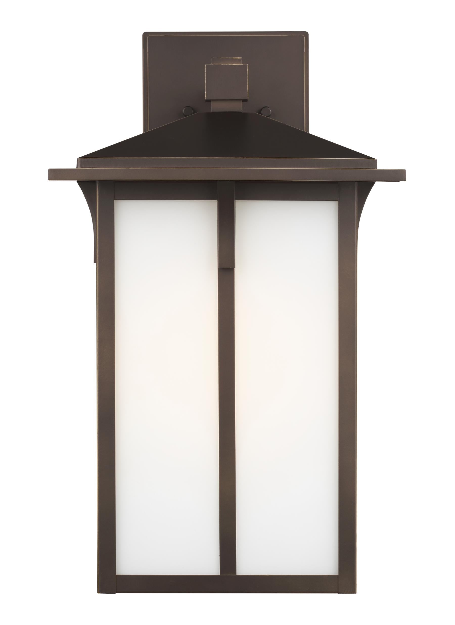 Tomek modern 1-light outdoor exterior large wall lantern sconce in antique bronze finish with etched white glass panels