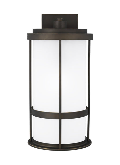 Wilburn modern 1-light outdoor exterior large wall lantern sconce in antique bronze finish with satin etched glass shade