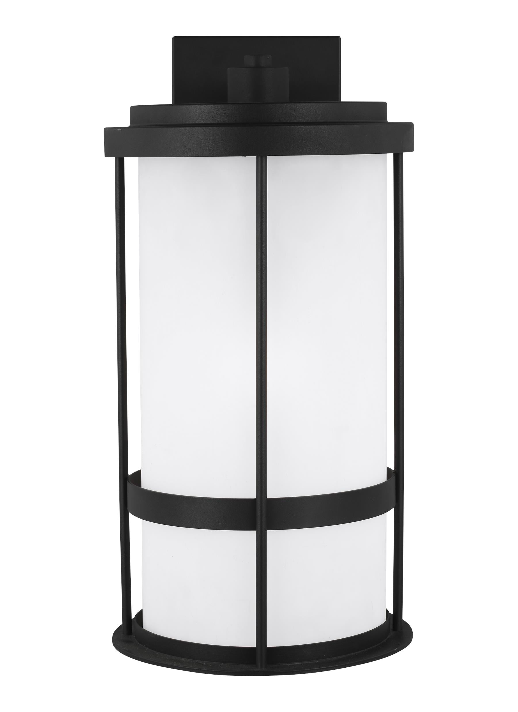 Wilburn modern 1-light outdoor exterior large wall lantern sconce in black finish with satin etched glass shade