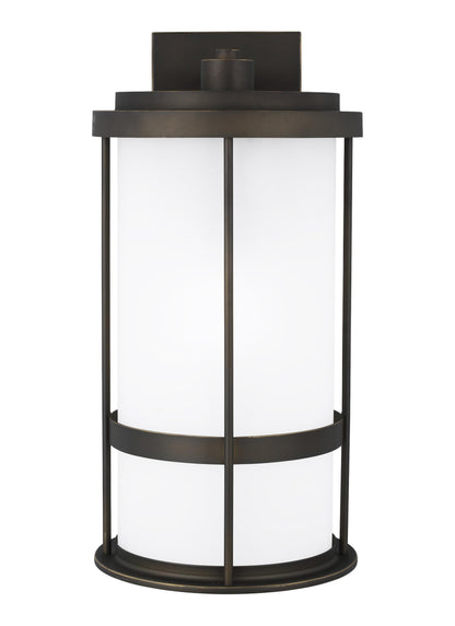 Wilburn modern 1-light outdoor exterior large wall lantern sconce in antique bronze finish with satin etched glass shade