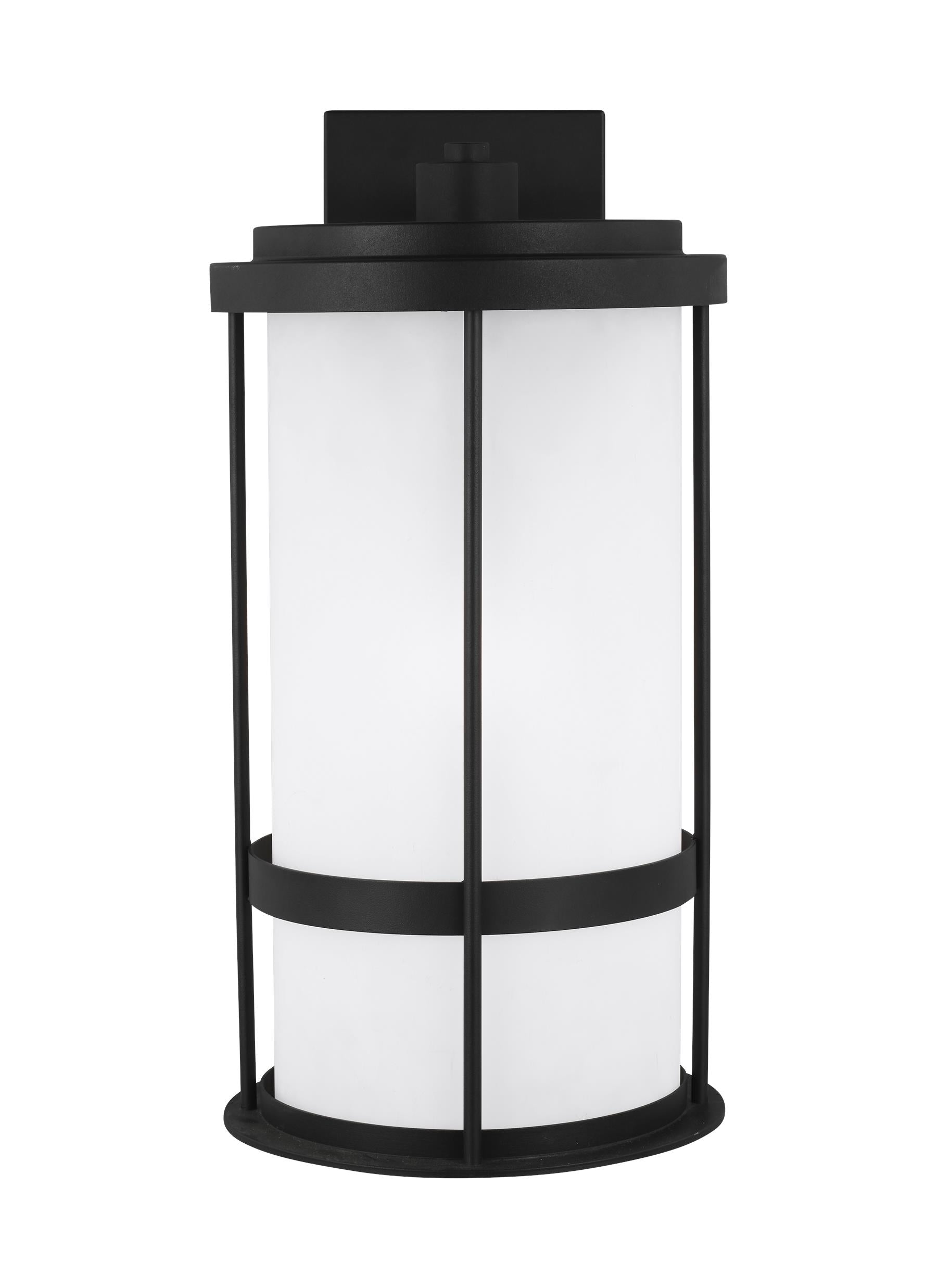 Wilburn modern 1-light outdoor exterior large wall lantern sconce in black finish with satin etched glass shade