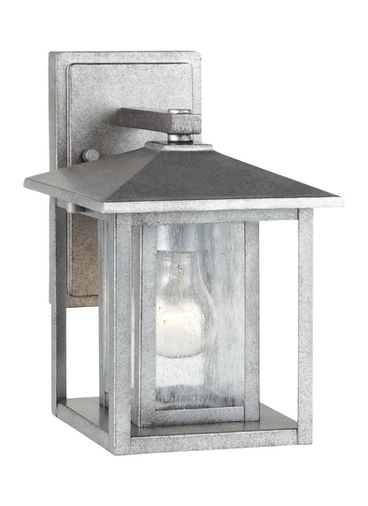 Hunnington contemporary 1-light outdoor exterior small wall lantern in weathered pewter grey finish with clear seeded glas...
