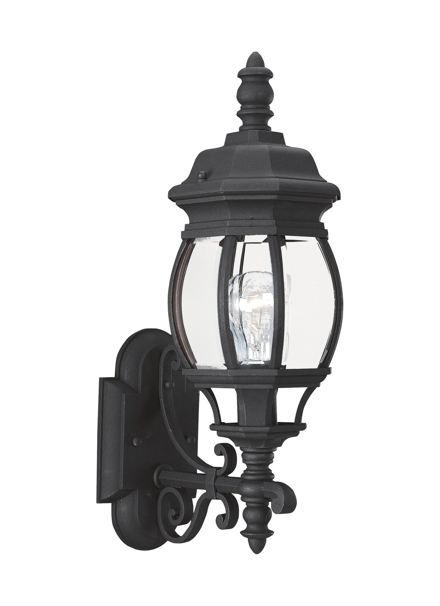 Wynfield traditional 1-light outdoor exterior wall lantern sconce uplight in black finish with clear beveled glass panels