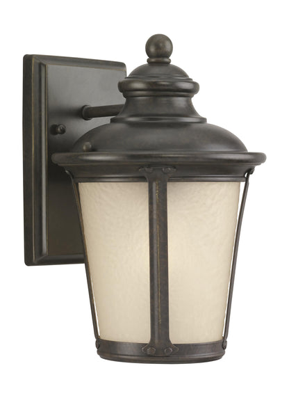 Cape May traditional 1-light outdoor exterior small wall lantern sconce in burled iron grey finish with etched light amber...