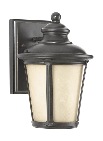 Cape May traditional 1-light outdoor exterior small wall lantern sconce in burled iron grey finish with etched light amber...