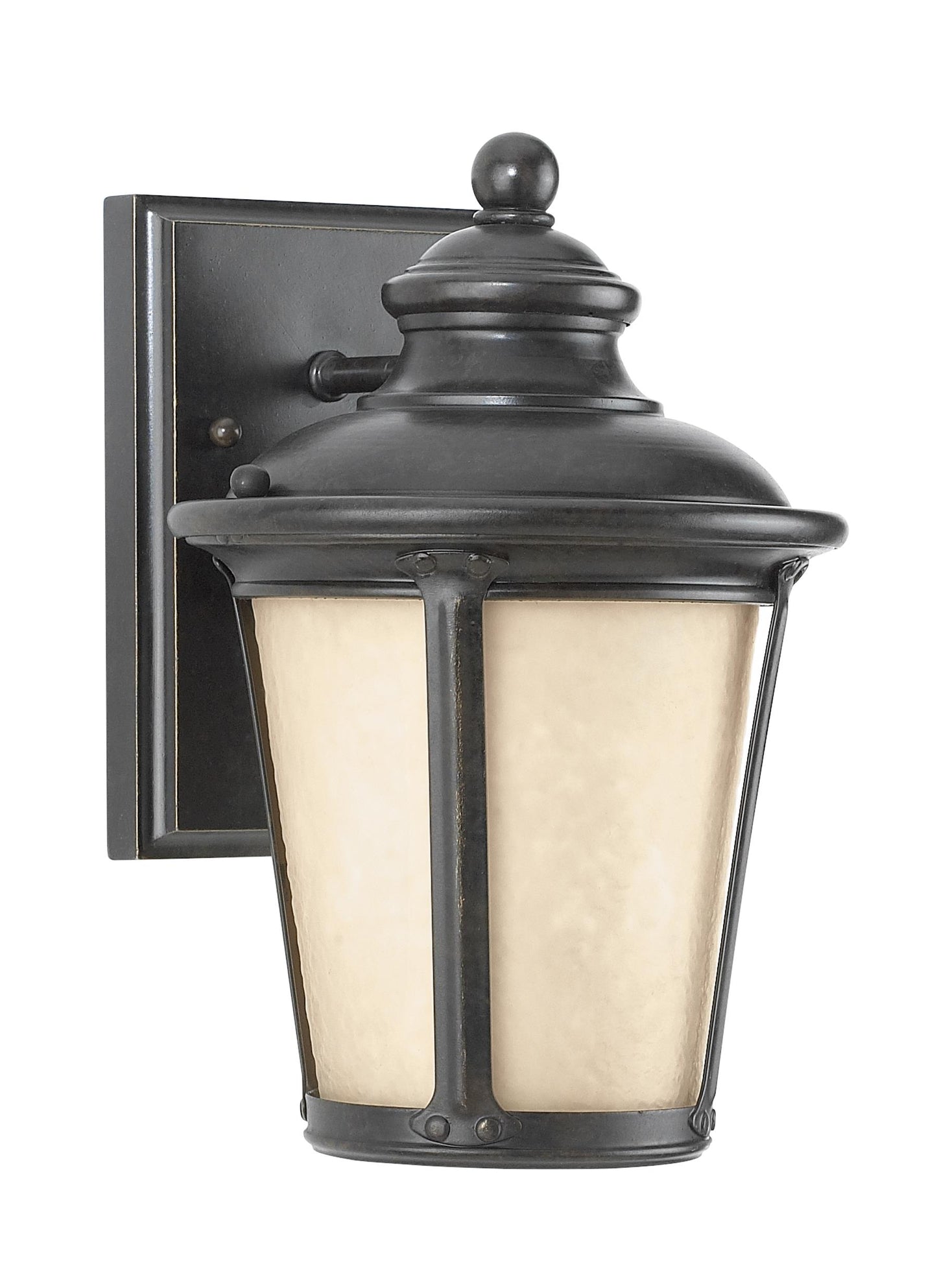 Cape May traditional 1-light outdoor exterior small wall lantern sconce in burled iron grey finish with etched light amber...