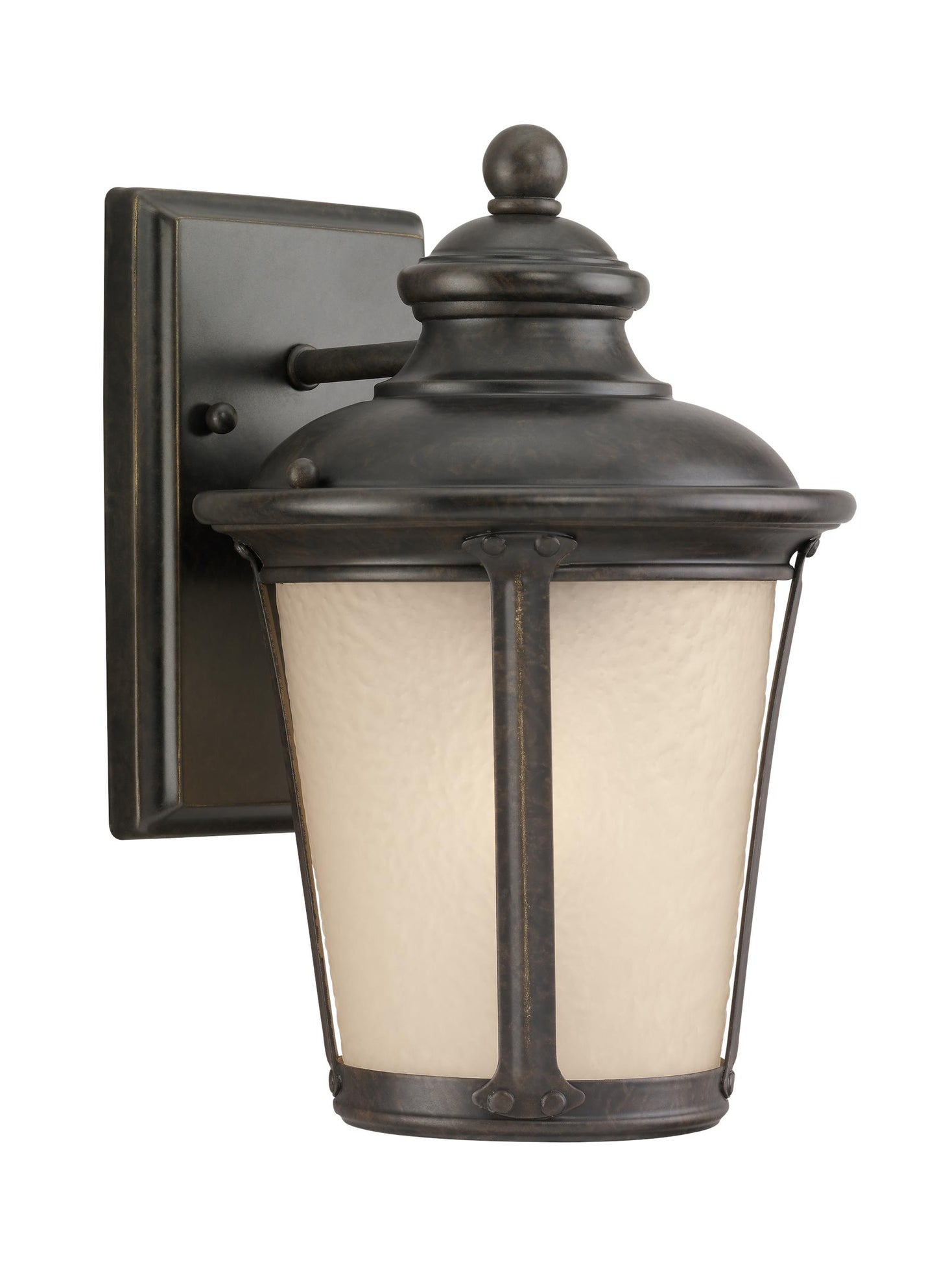 Cape May traditional 1-light outdoor exterior small wall lantern sconce in burled iron grey finish with etched light amber...