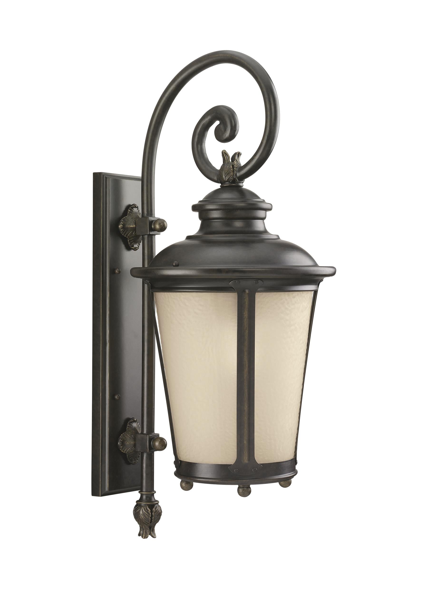 Cape May traditional 1-light outdoor exterior large wall lantern sconce in burled iron grey finish with etched light amber...